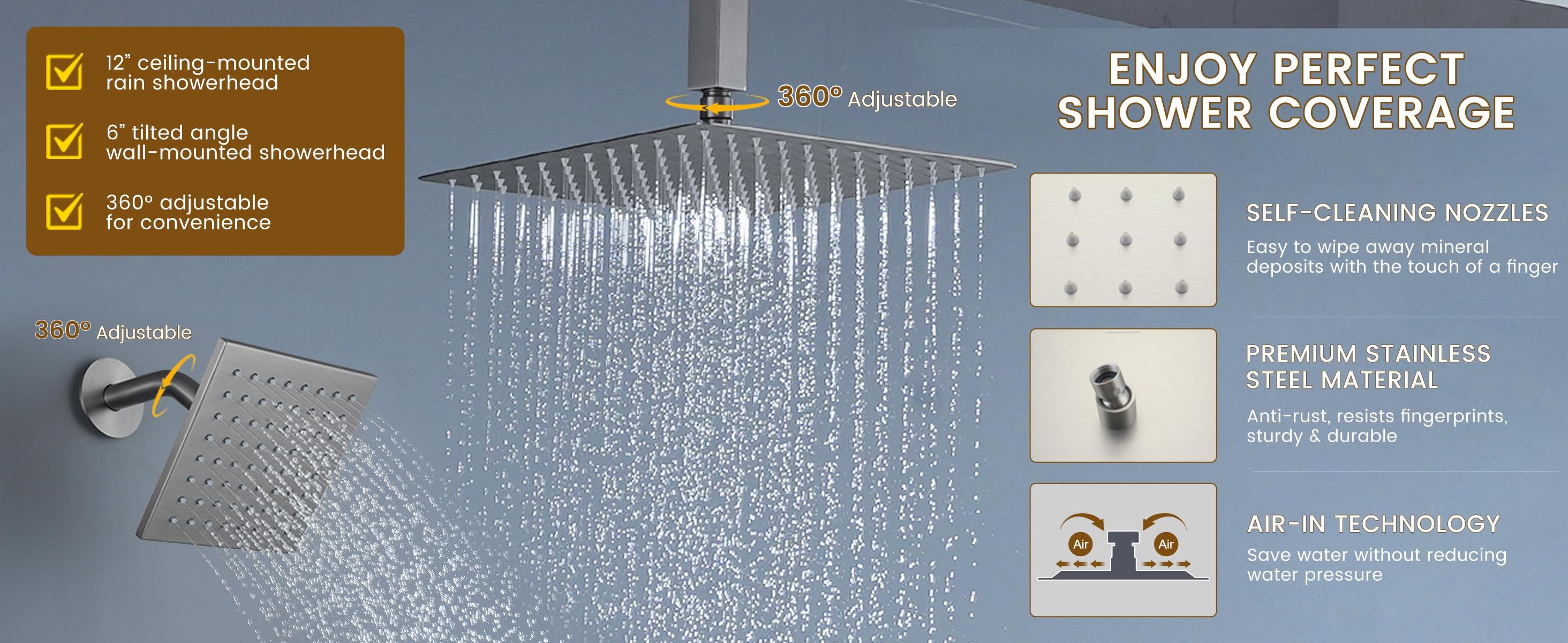 Rainfall Symphony 12inch 3-Function Dual Shower Head Thermostatic Shower System with 3 Sprays Handheld