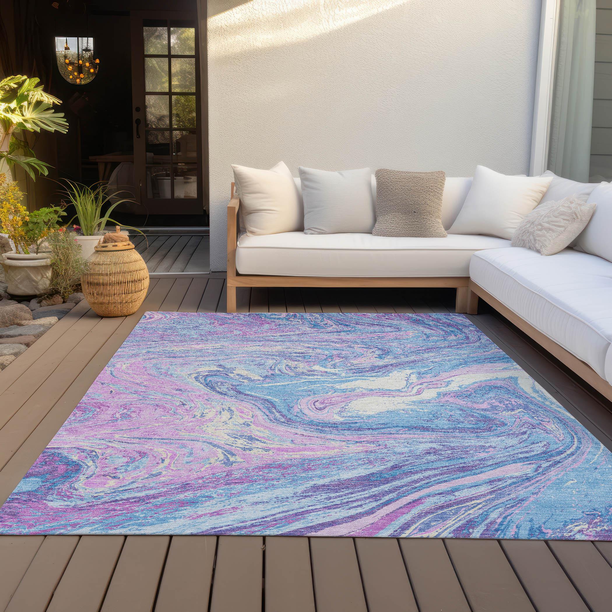 Sky Blue and Pink Abstract Synthetic 5' x 7' Washable Area Rug