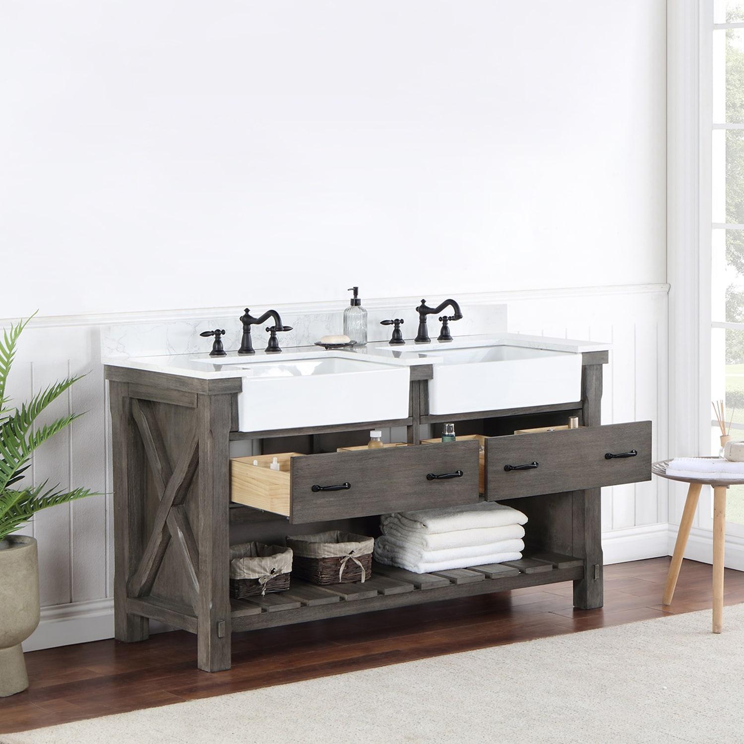 60 in. Villareal Double Bathroom Vanity, Classical Grey with Composite Stone Top in White, White Farmhouse Basin