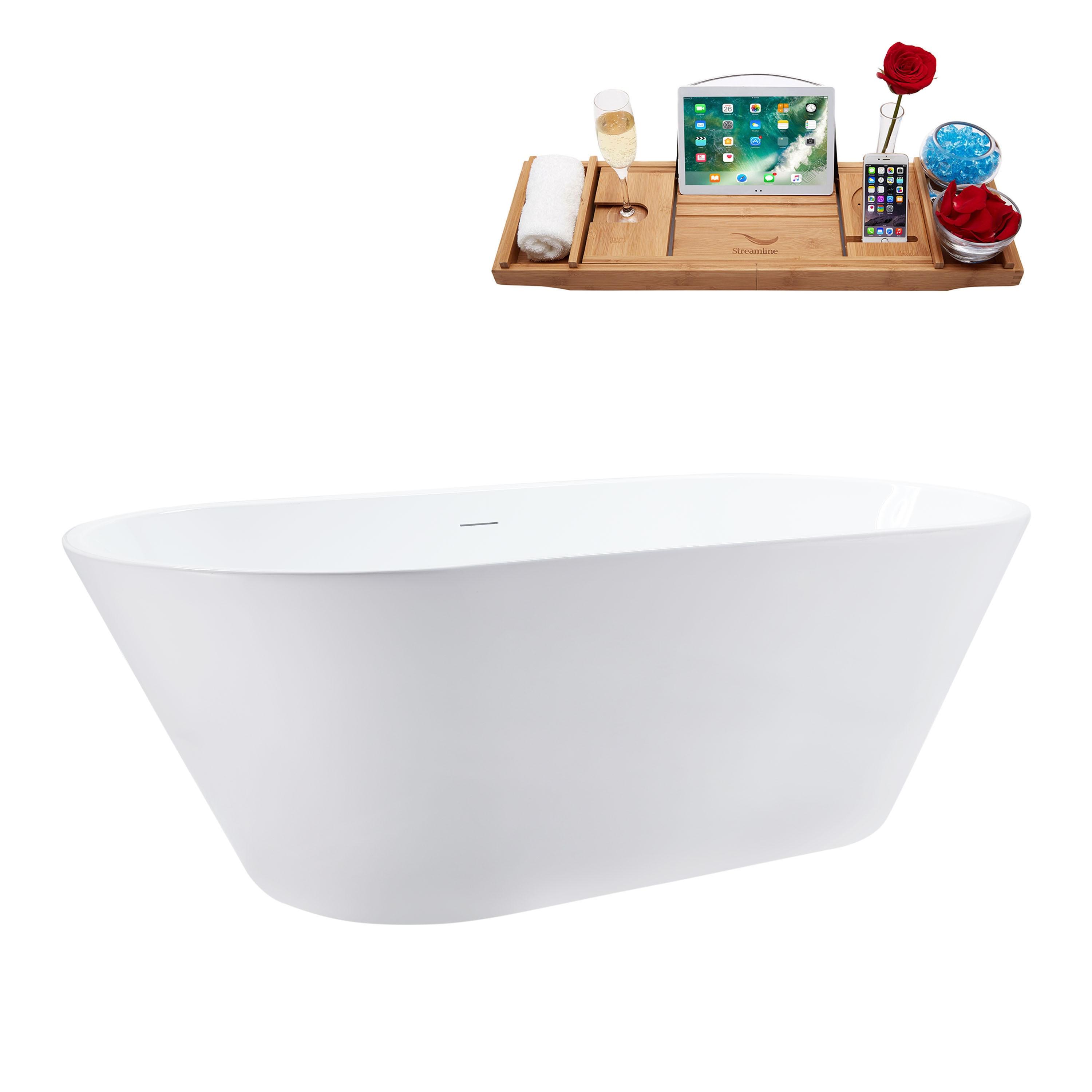 70-Inch Glossy White Acrylic Freestanding Bathtub with Matte Black Drain