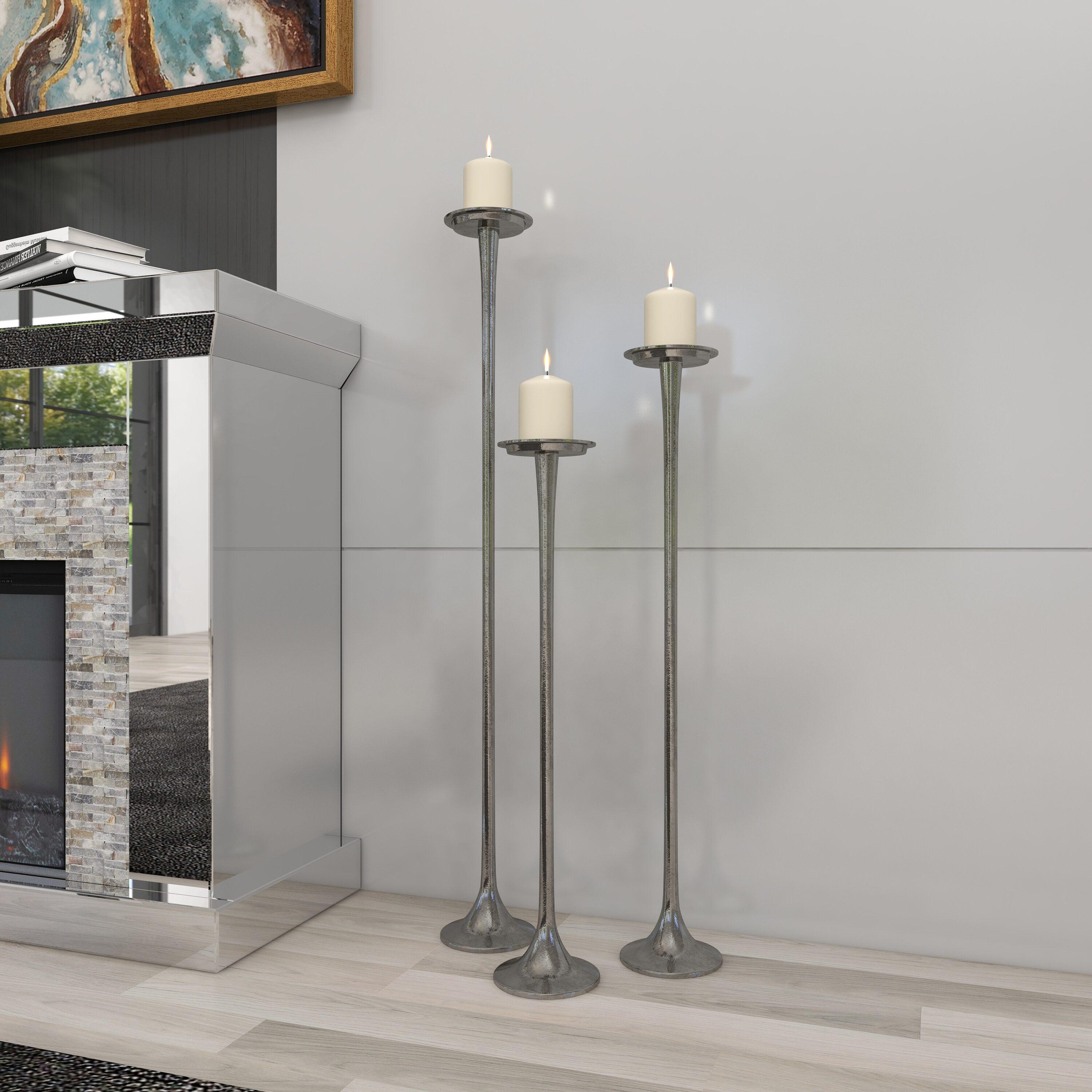 Set of 3 Metallic Aluminum Candle Holders Silver - Olivia & May: Oversized Pillar, Modern Style, Indoor Use