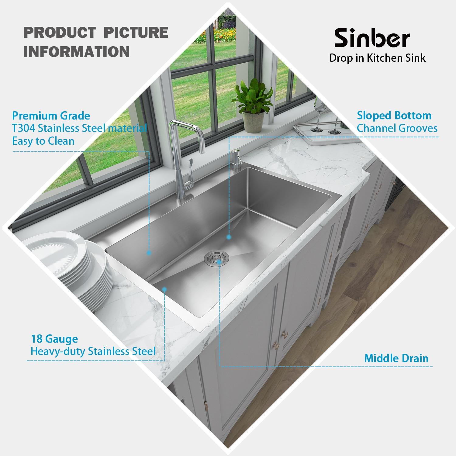 Sinber 33" x 22" Drop In Single Bowl Kitchen Sink with 18 Gauge 304 Stainless Steel Finish