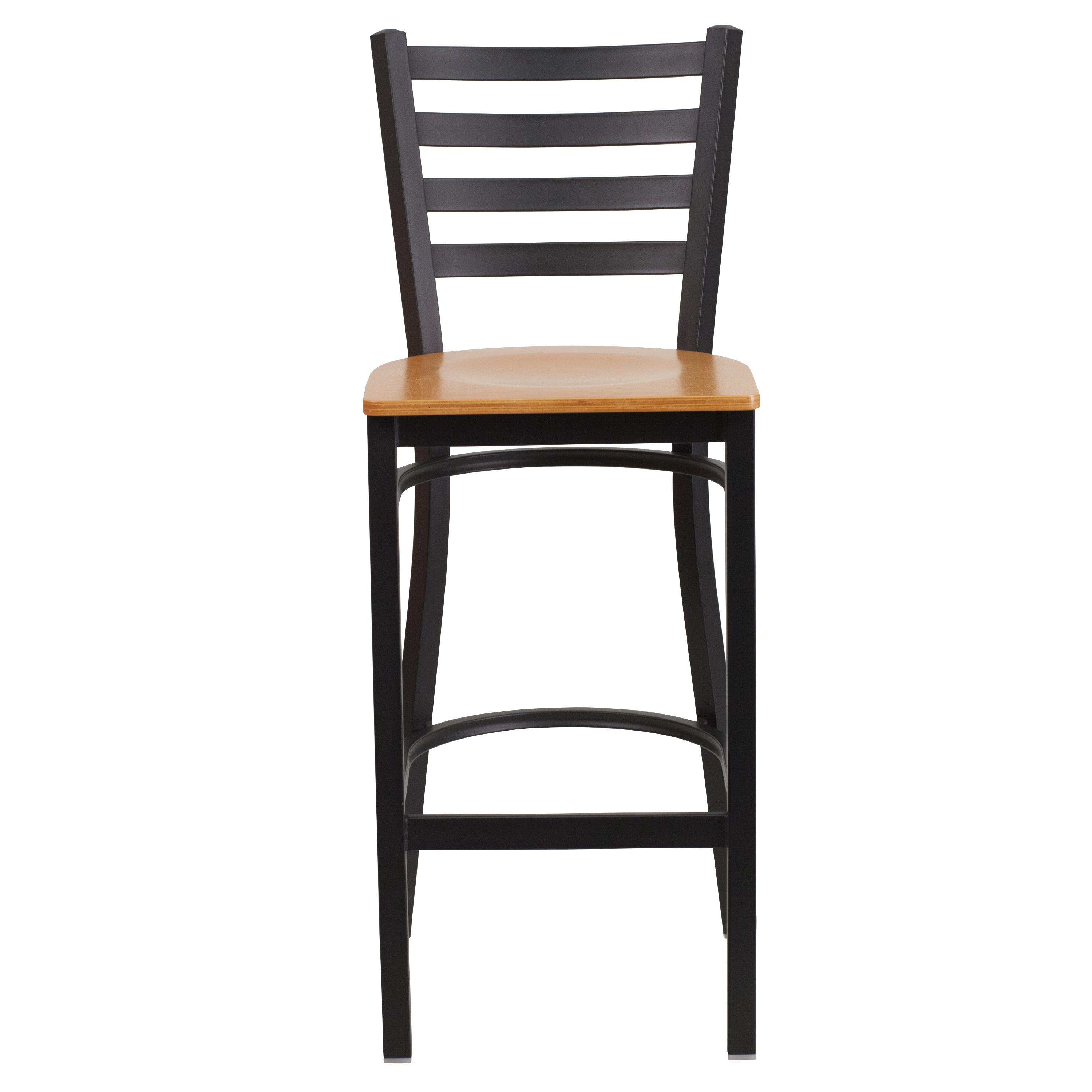 Flash Furniture HERCULES Series Black Ladder Back Metal Restaurant Barstool - Natural Wood Seat