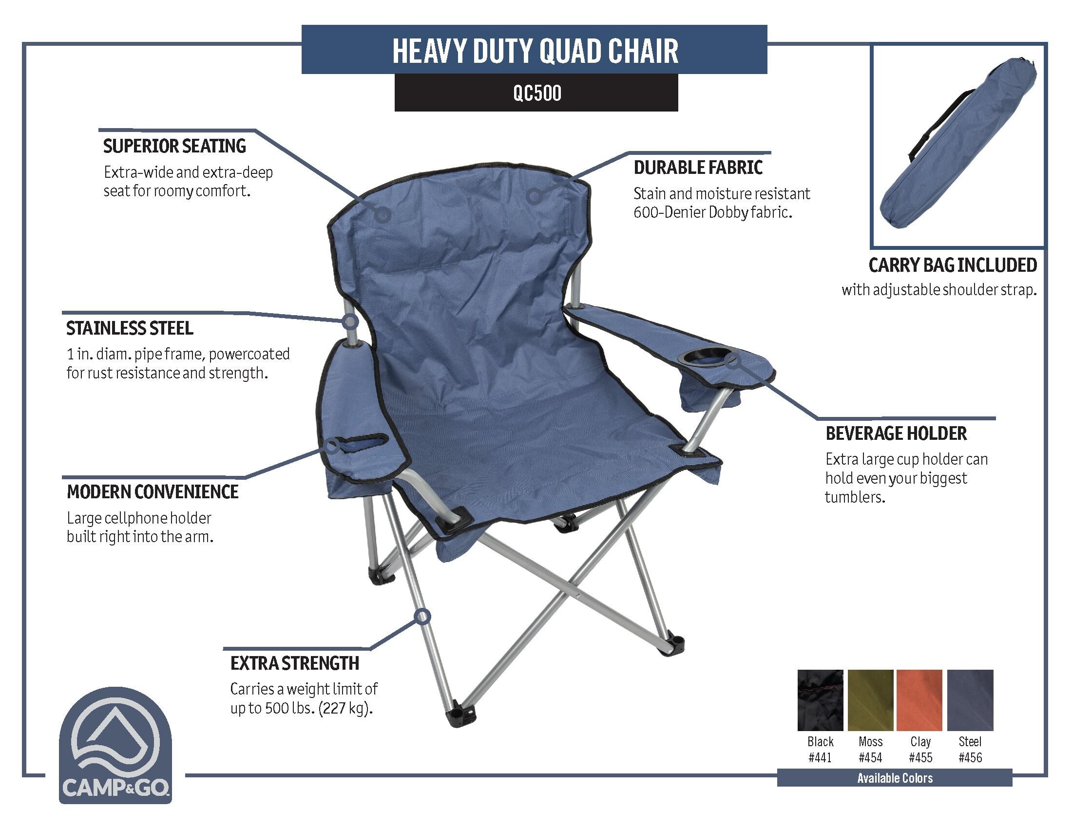 Rio Brands Camp & Go Heavy-Duty Folding Quad Outdoor Camping Chair, Portable Folding Camp Chair with Wide Seat, Cup Holders, and Carry Bag