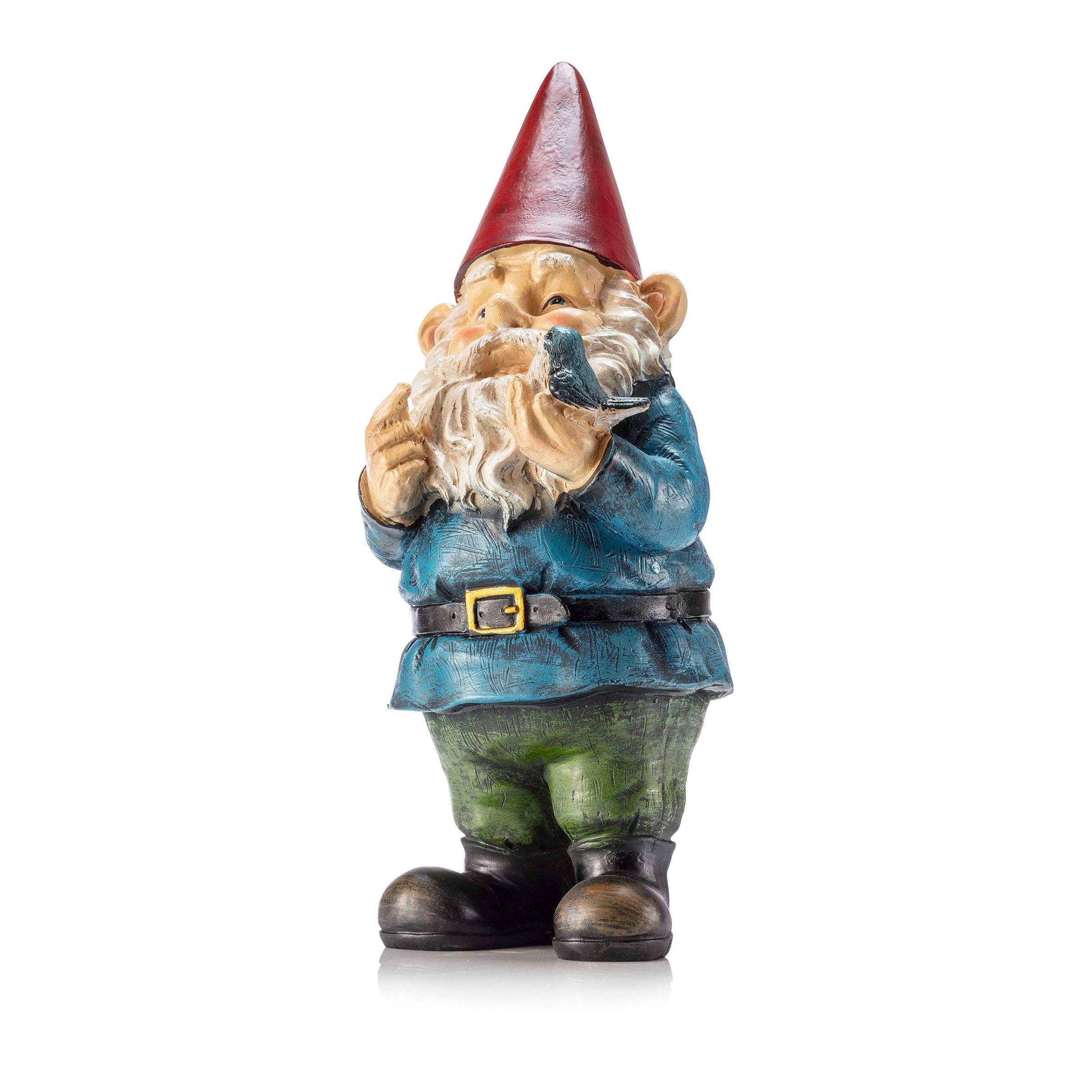 Alpine Corporation 12" Tall Outdoor Garden Gnome with Bird Yard Statue Decoration, Multicolor