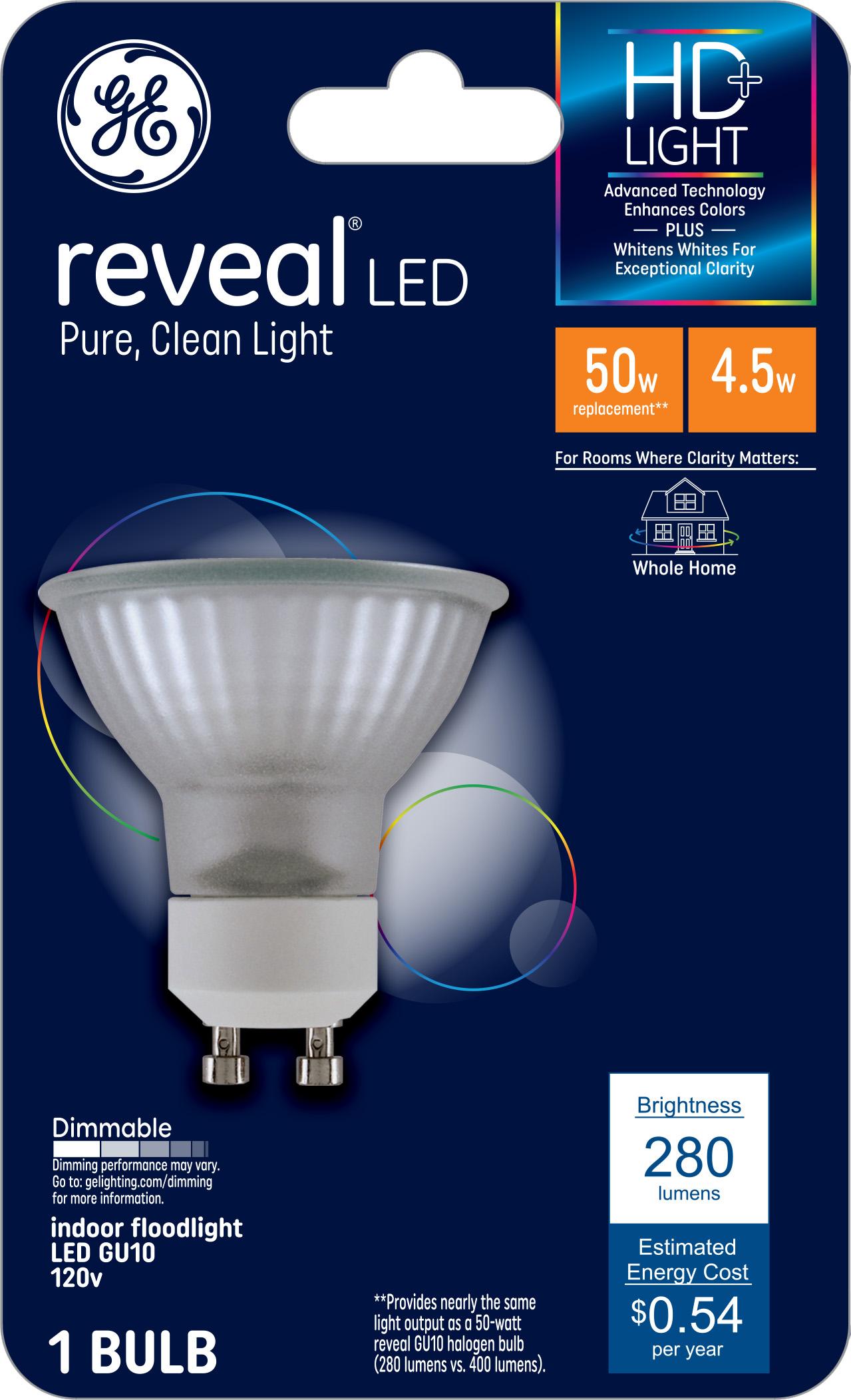 GE 50W Reveal PAR16 LED Light Bulb: GU10 Base, Dimmable, 400 Lumens, 2700K, 5W, 22.8-Year Life, Suitable for Damp Locations