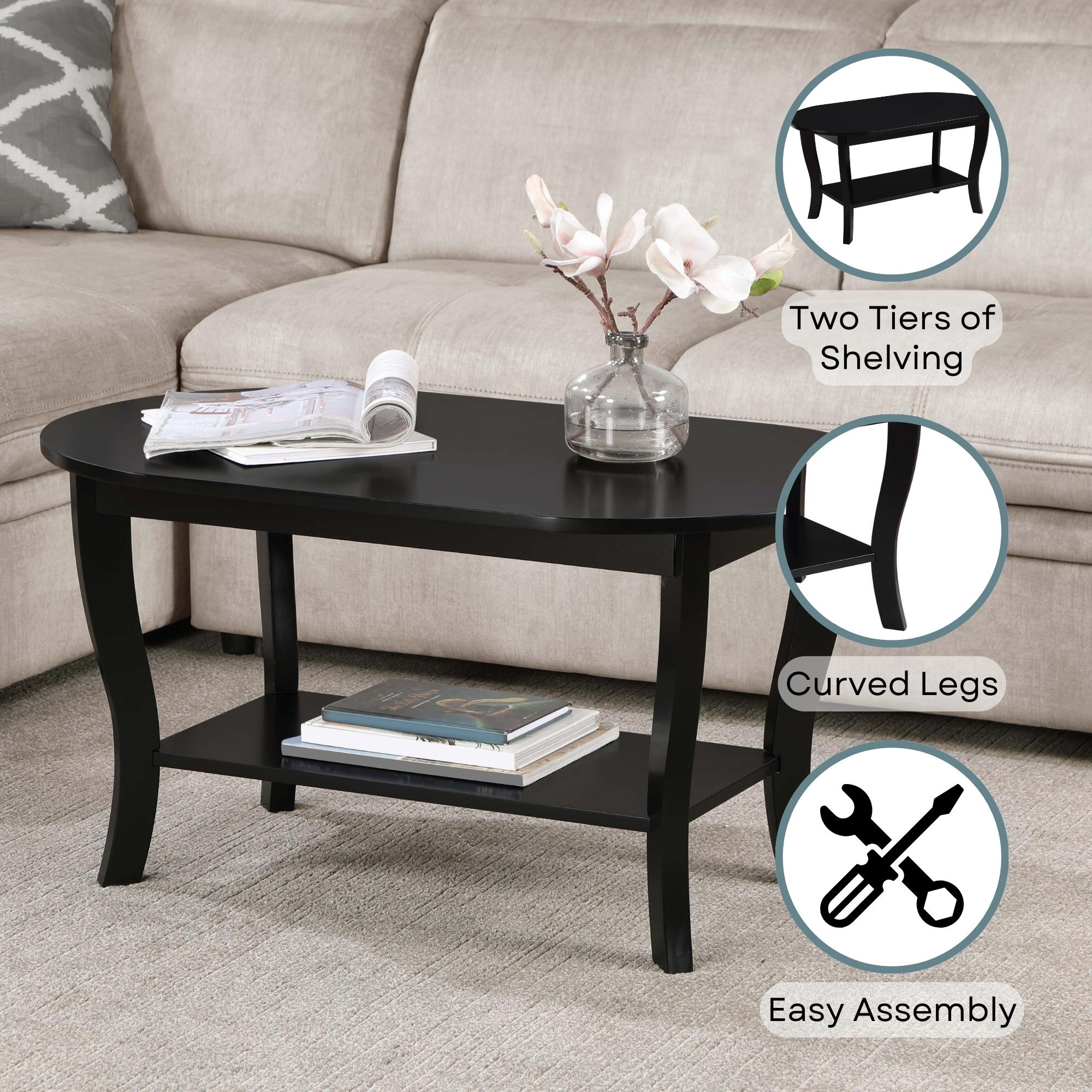 Convenience Concepts Classic Storage Oval Medium Density Fiberboard Coffee Table with Shelf, Black