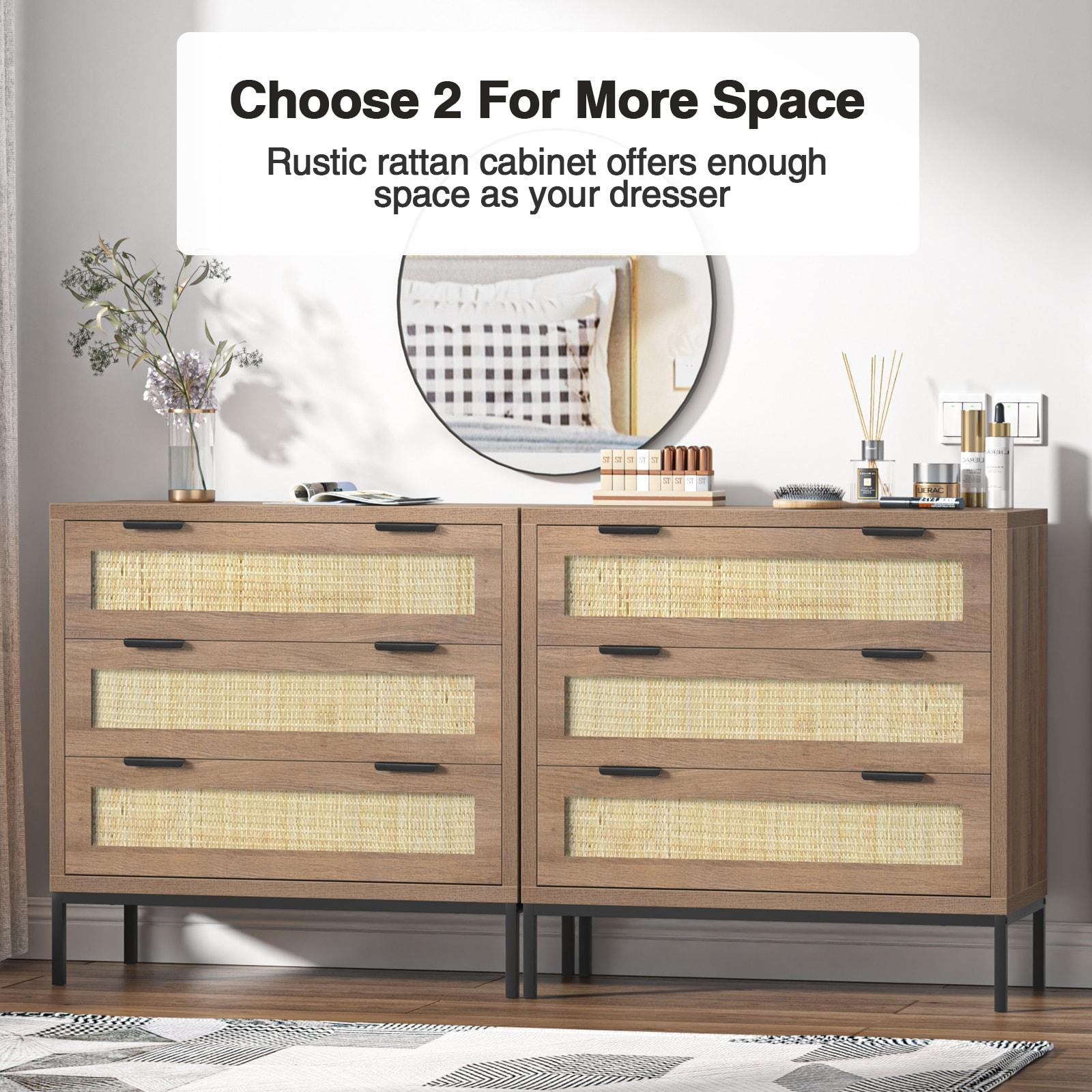 Anmytek 3 Drawer Cabinet for Bedroom, Oak Rattan Cabinet Closet Cabinet Chest of Drawers, Wood Cabinet 3 Drawer Storage Chest for Bedroom, Hallway, Nursery