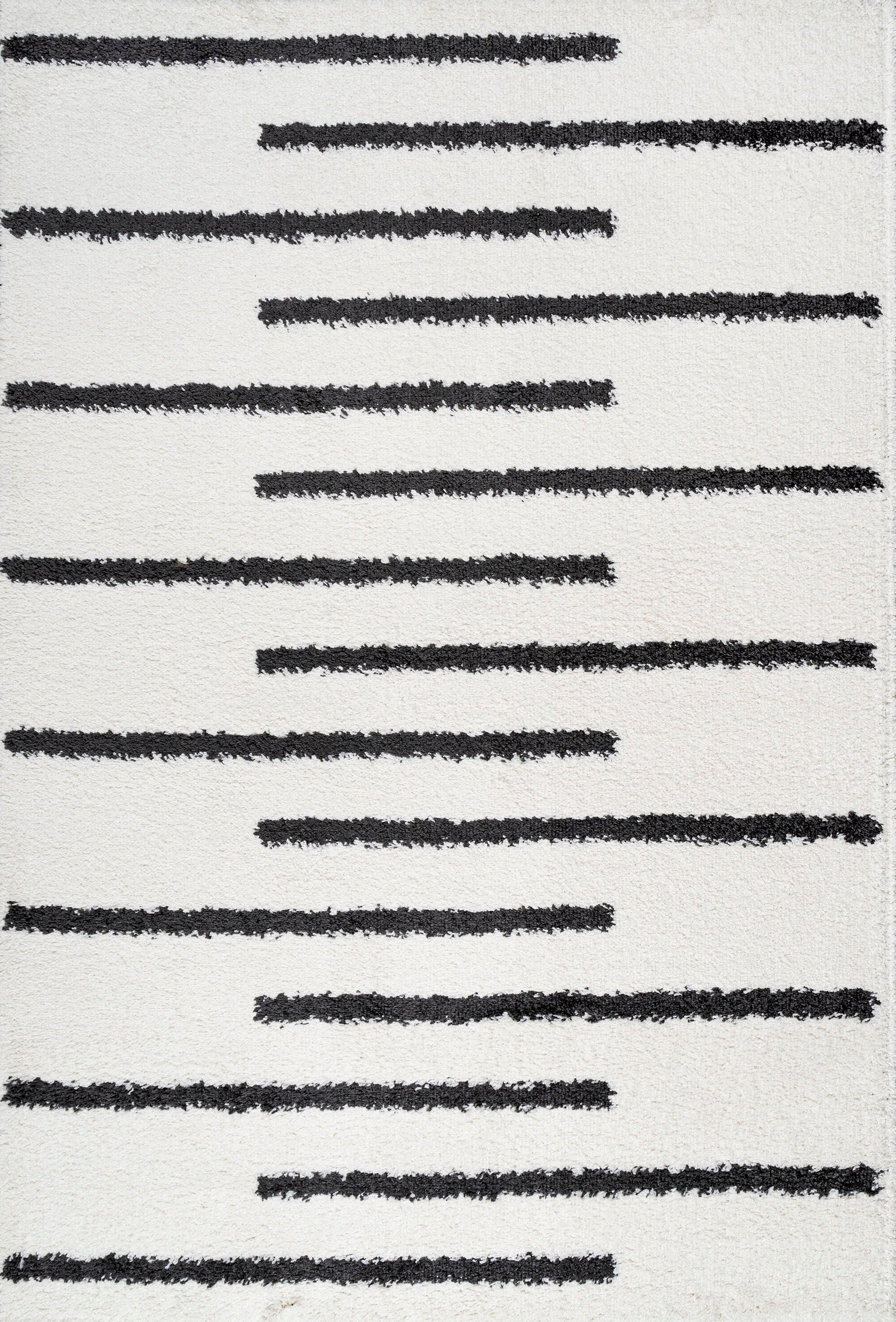 3'x5' Alaro Berber Stripe Shag Area Rug, White/Black - JONATHAN Y