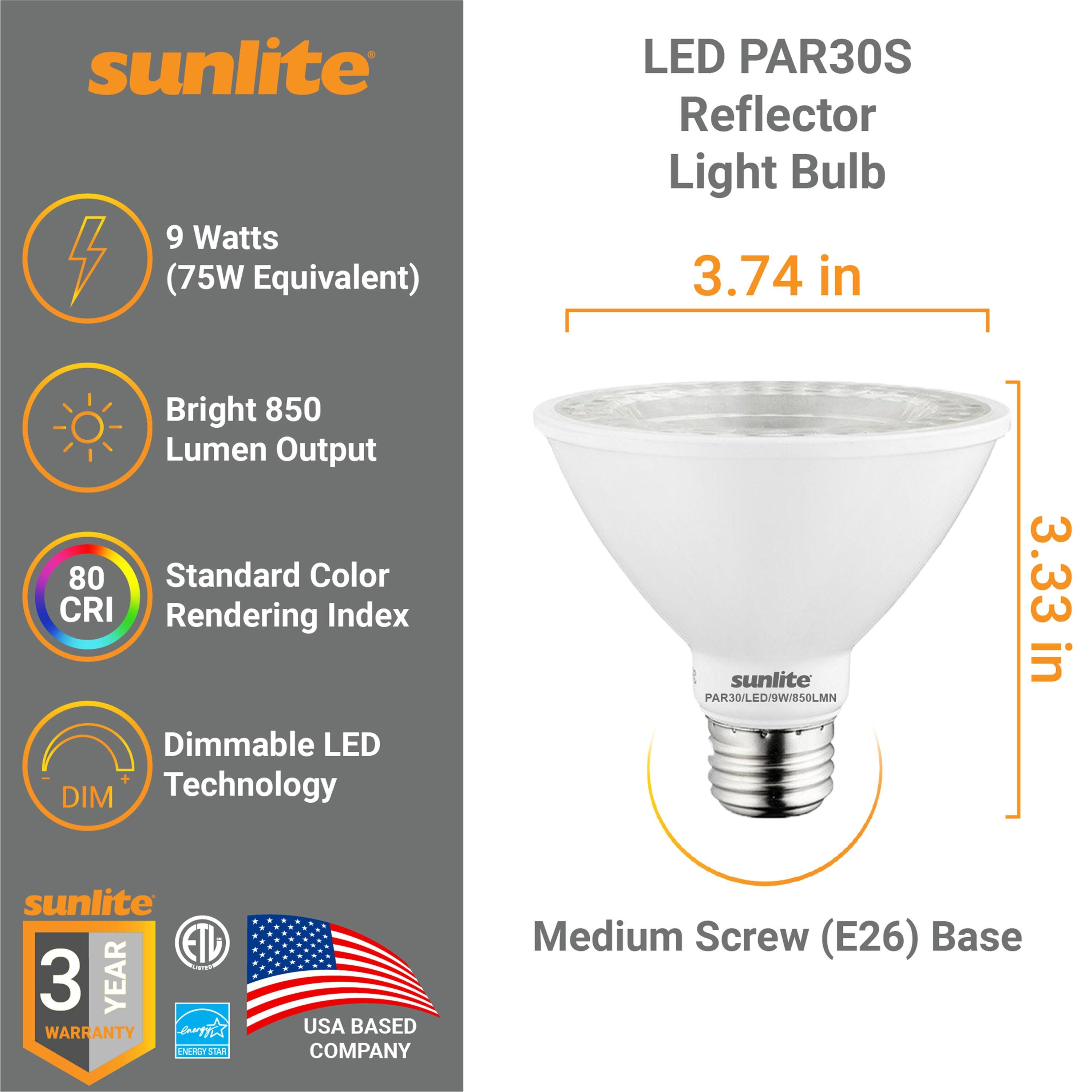 Sunlite LED PAR30 Short Neck Flood Light Bulb, 9 Watts, (75W Equivalent), 850 Lumens, Medium Screw (E26) Base, Dimmable, ETL Listed, 3000K Warm White, 6 Pack