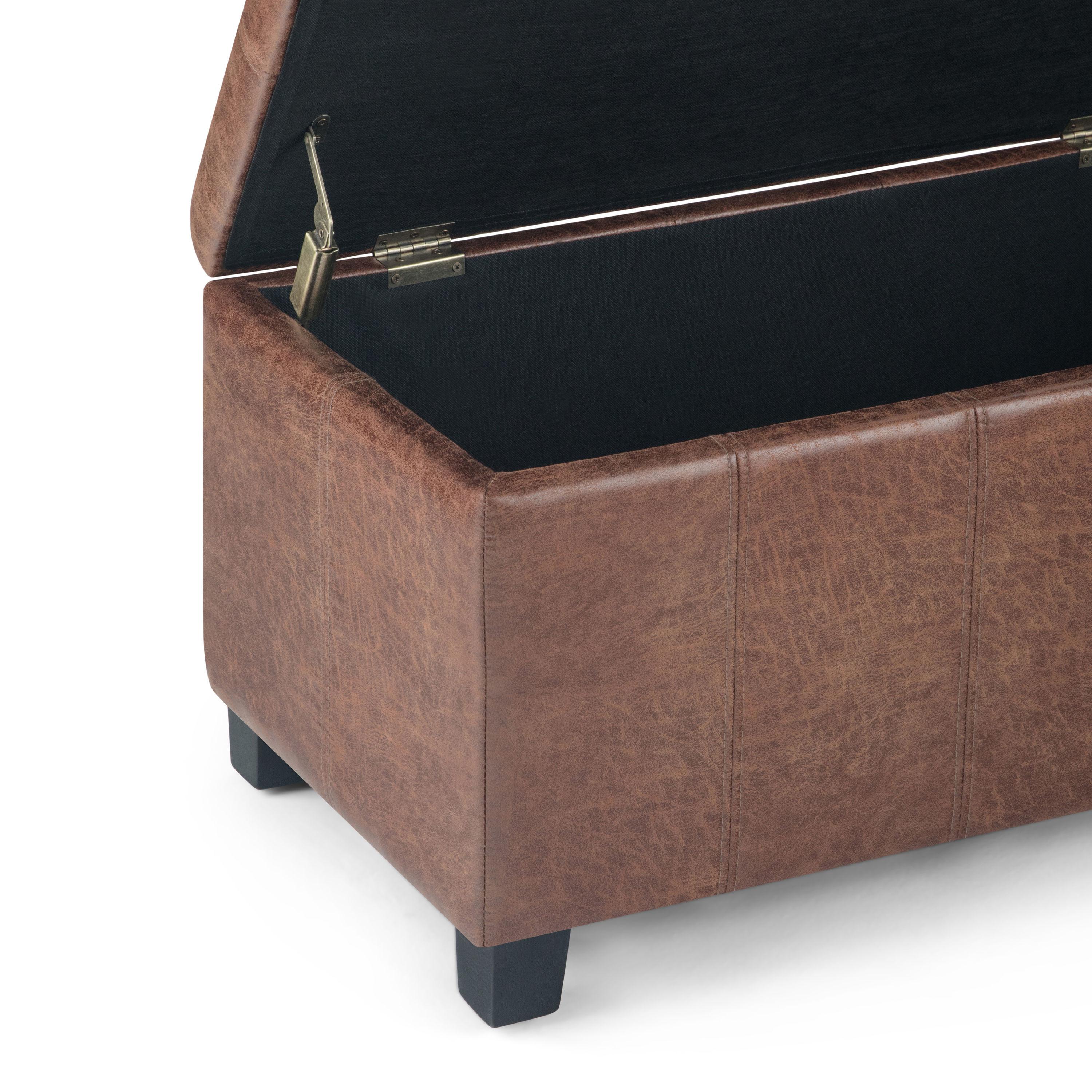 Simpli Home Dover Faux Leather Storage Ottoman Bench in Umber Brown