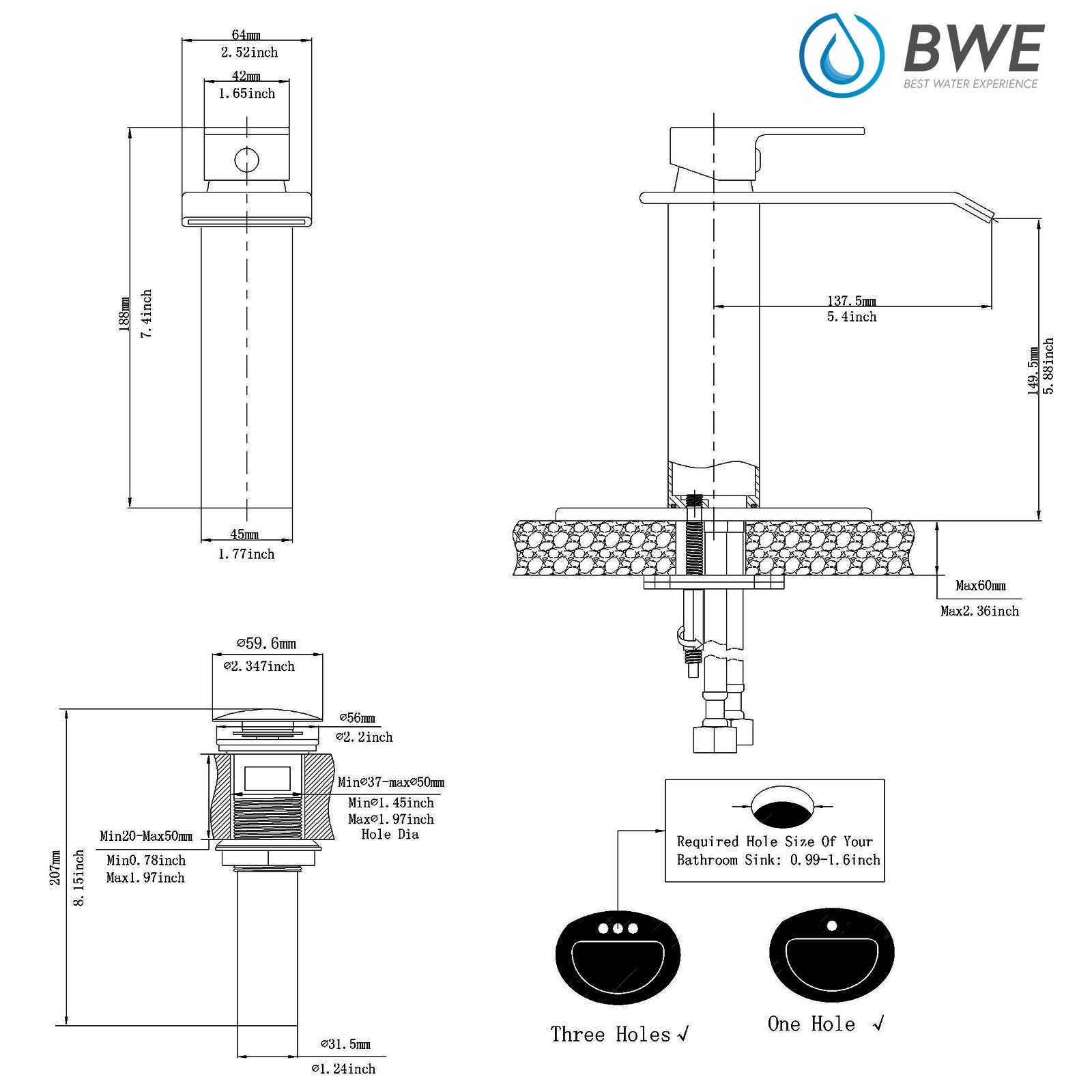 BWE Waterfall Single Hole Single-Handle Bathroom Faucet With Pop-up Drain Assembly