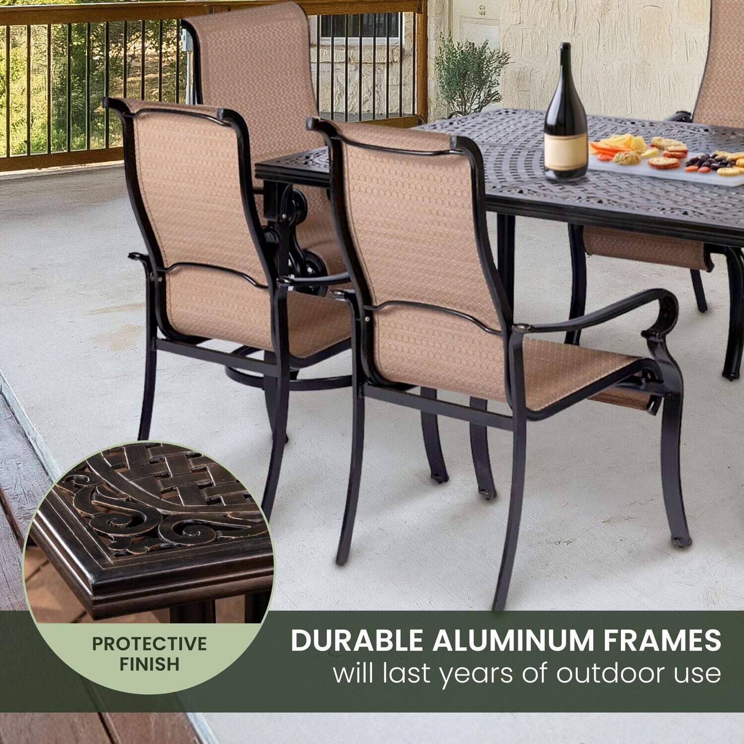 Hanover Brigantine Juego de Comedor Moderno para Exteriores de 7 Piezas / 4 Sillas con Cabestrillo, 2 Balancines Giratorios / Mesa con Tapa de 40'' x 70'' / Clima, Xido, Resistente a UV / Bronceado / BRIGDN7PCSW-2