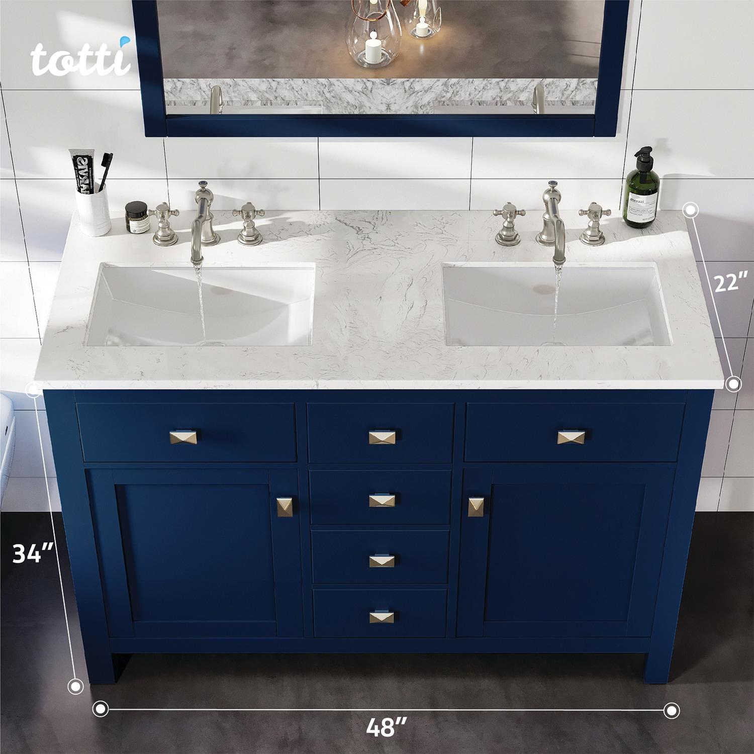 Totti Artemis 48" Blue Transitional Double Sink Bathroom Vanity w/ White Carrara Style Man-Made Stone Top