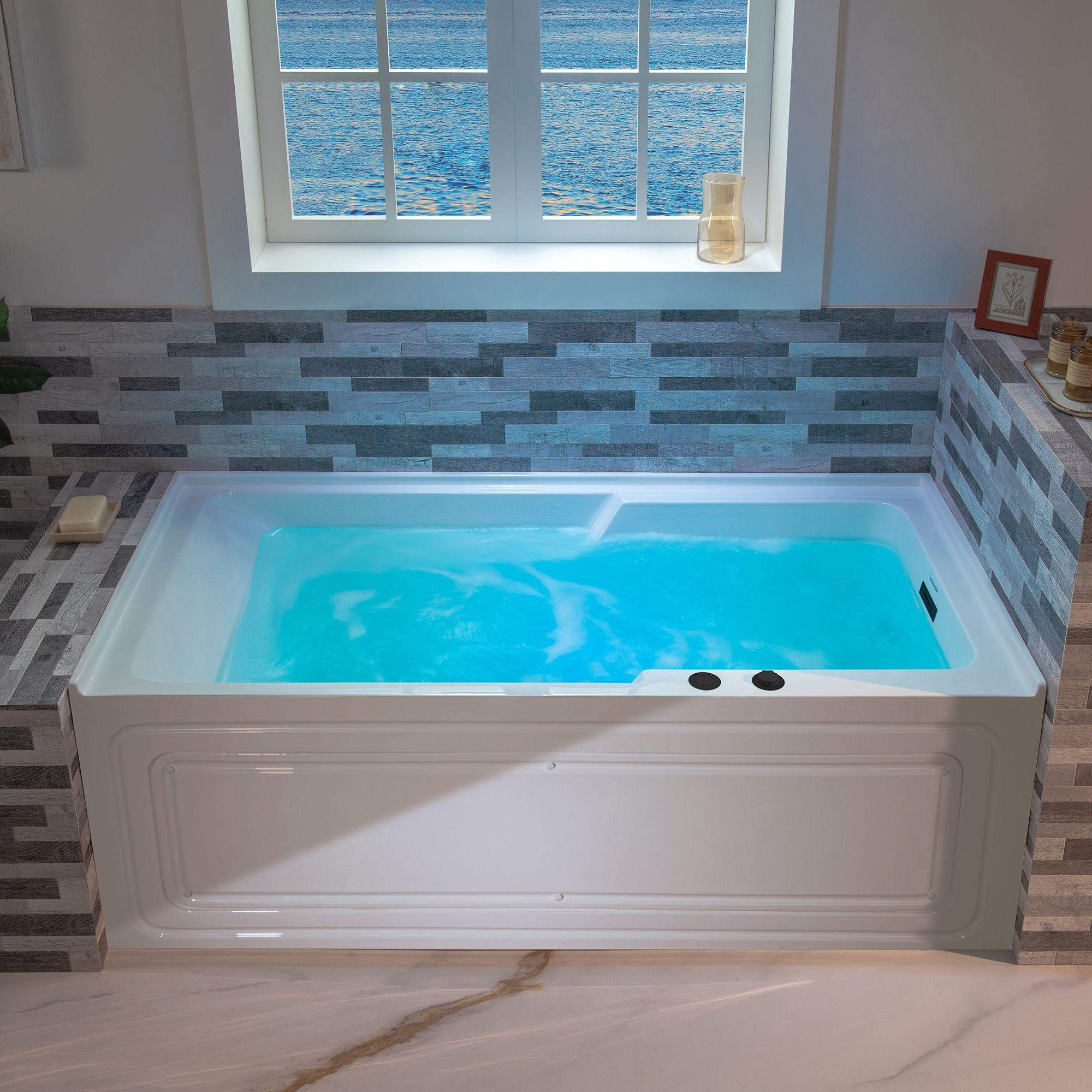 60" x 30" Whirlpool Heated Rectangular Alcove Acrylic Bathtub with Chrome/Matte Black Drain and Overflow