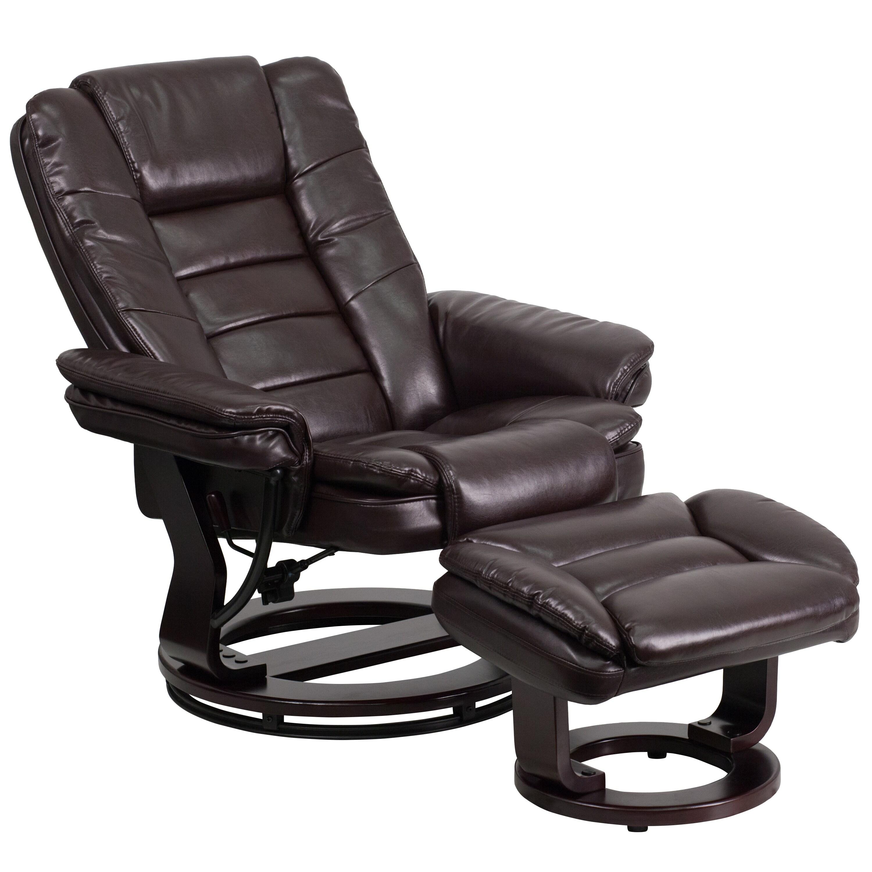 BizChair Contemporary Multi-Position Recliner with Horizontal Stitching and Ottoman with Swivel Mahogany Wood Base in Brown LeatherSoft