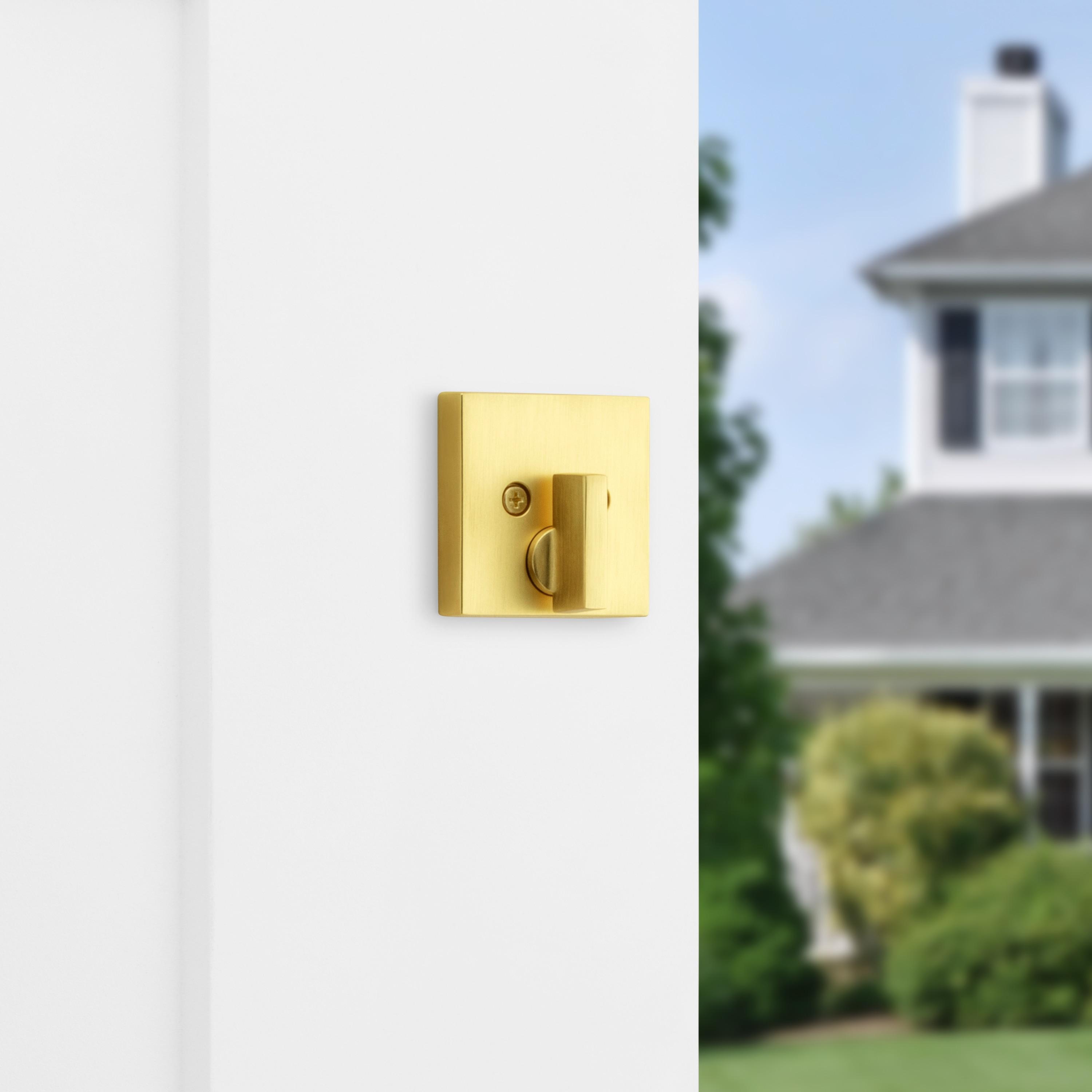 Kwikset Downtown Deadbolt Lock, Satin Brass Square Exterior Keyed Front Entry Door, Pick Resistant SmartKey Rekey Security, Single Cylinder Dead Bolt, with Microban Protection