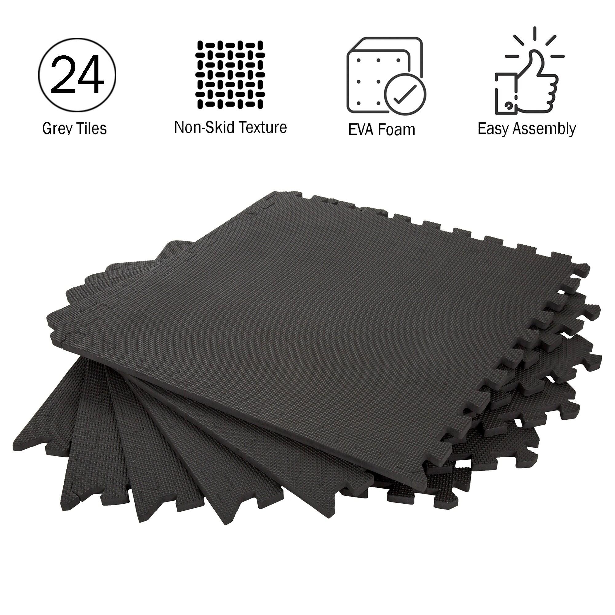 EVA Foam Mat Tiles 24-Pack - 96 SQ FT of Interlocking Padding for Garage, Playroom, or Gym Flooring - Exercise Mat or Baby Playmat by Stalwart (Black)