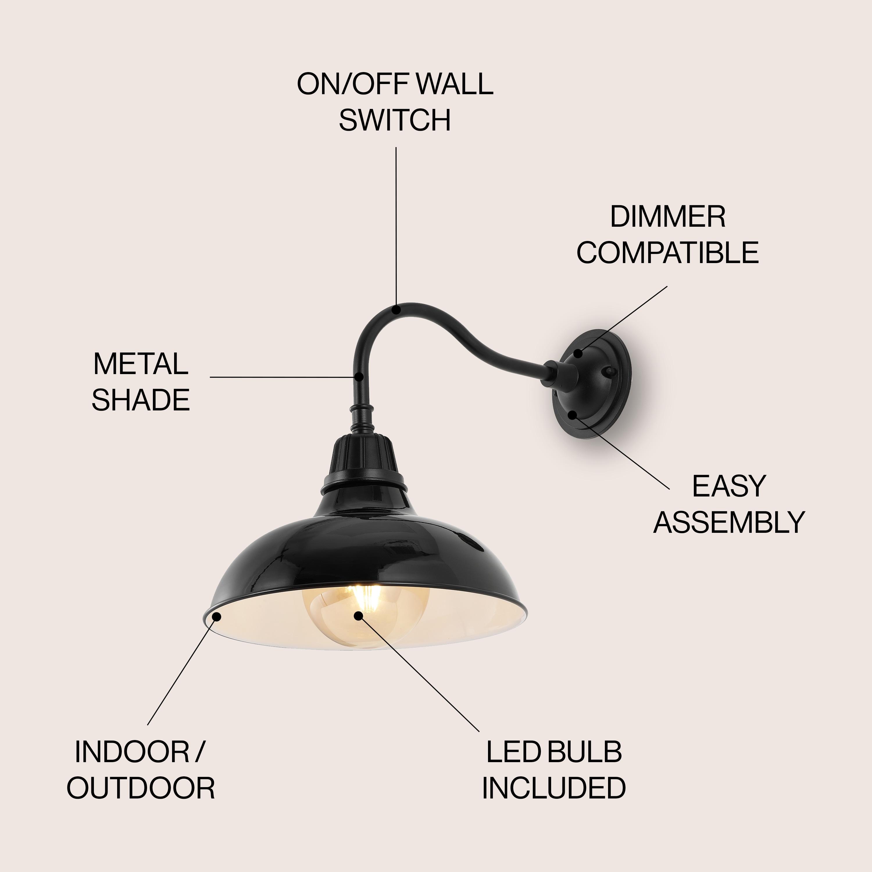 Aurora 12.25" 1-Light Farmhouse Industrial Indoor/Outdoor Iron LED Gooseneck Arm Outdoor Sconce, Black