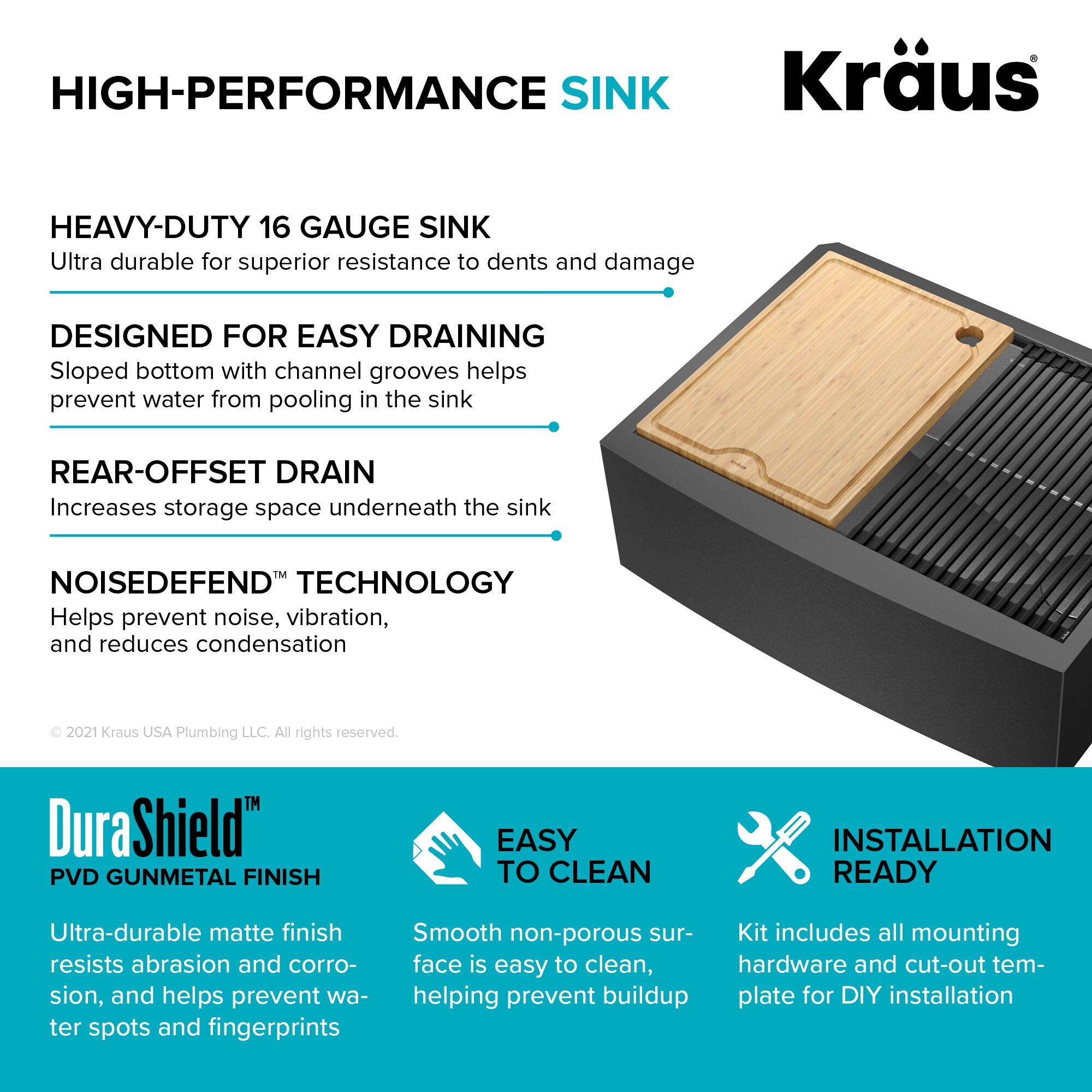 KRAUS Kore™ 27" L Farmhouse Apron Front Workstation 16 Gauge Black Stainless Steel Single Bowl Kitchen Sink