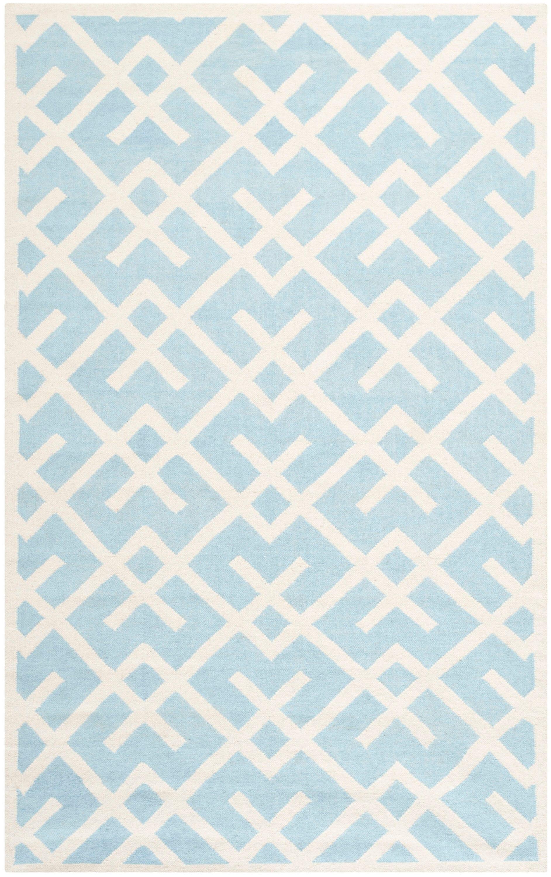 SAFAVIEH Dhurries Collection 4' x 6' Light Blue/Ivory DHU552B Handmade Flatweave Premium Wool Area Rug