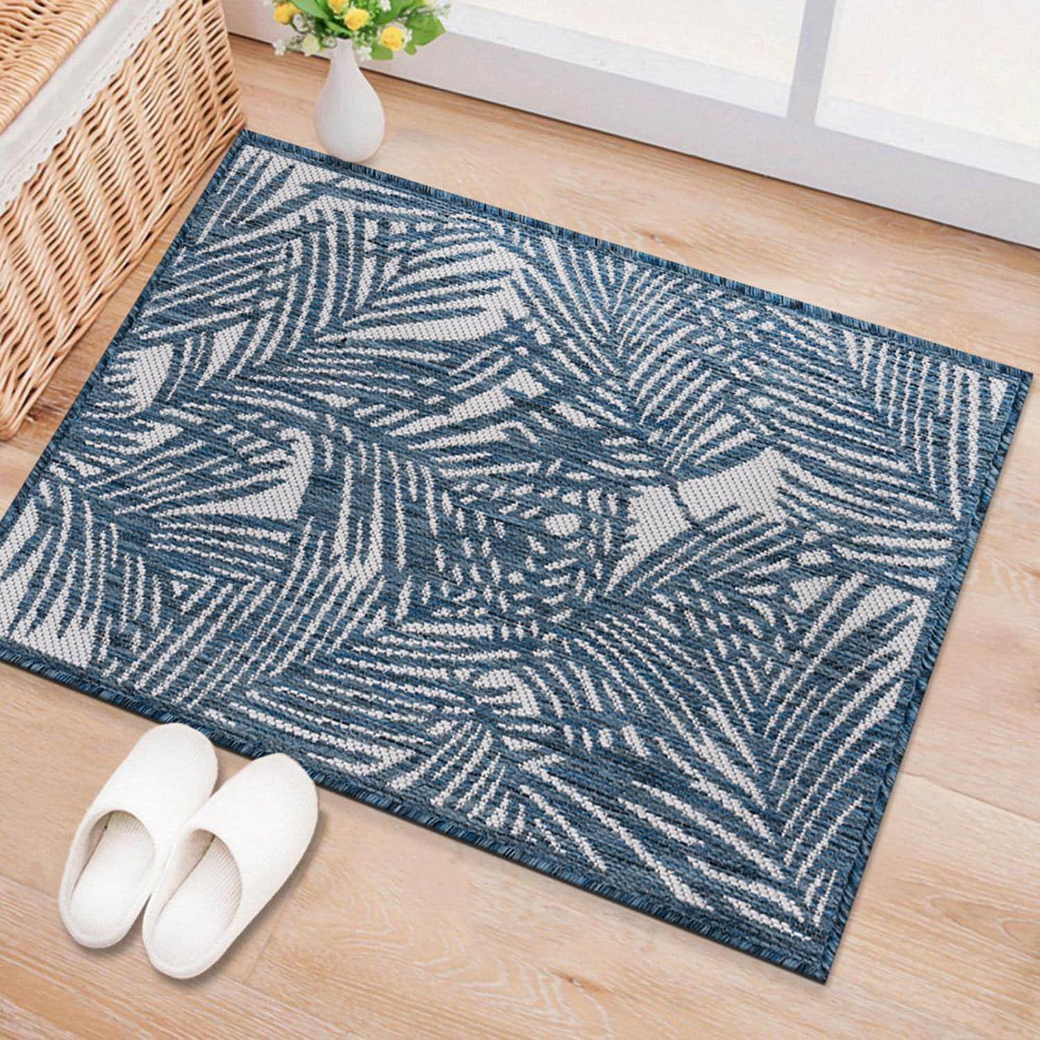 World Rug Gallery Contemporary Palm Leaf Textured Flat Weave Indoor/Outdoor Area Rug - NAVY 2'x3'