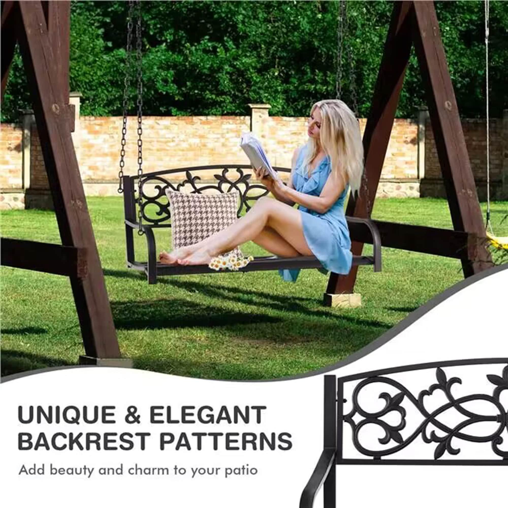 Resenkos Porch Swing, 2-Person Outdoor Porch Metal Hanging Swing Chair with Sturdy Chains-Brown, Hanging Outdoor Porch Swings for Garden, Backyard