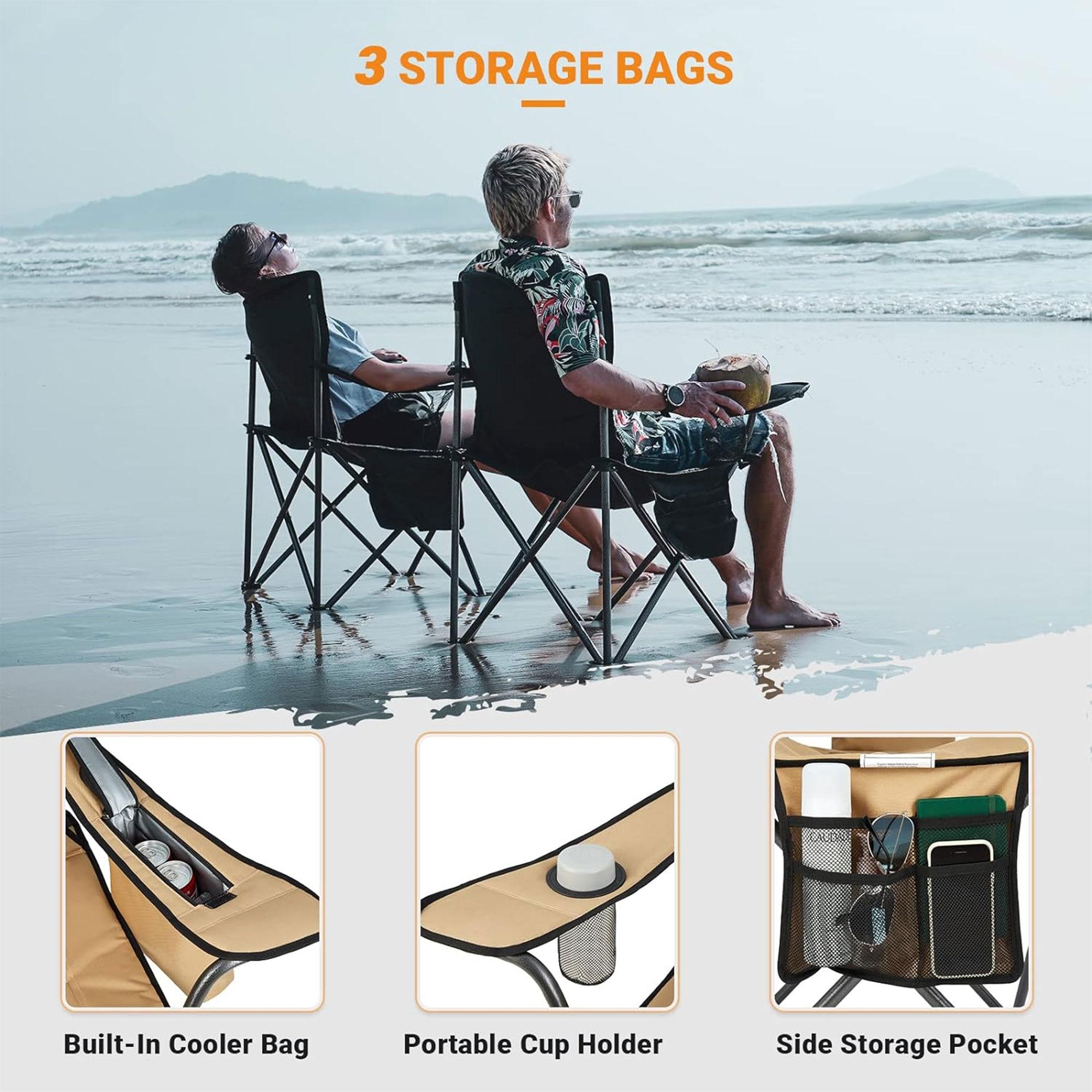 KingCamp Padded Portable Outdoor Folding Lounge Chairs with Built-In Cupholder, Insulated Cooler Sleeve, and Side Storage Pocket, Khaki (2 Pack)