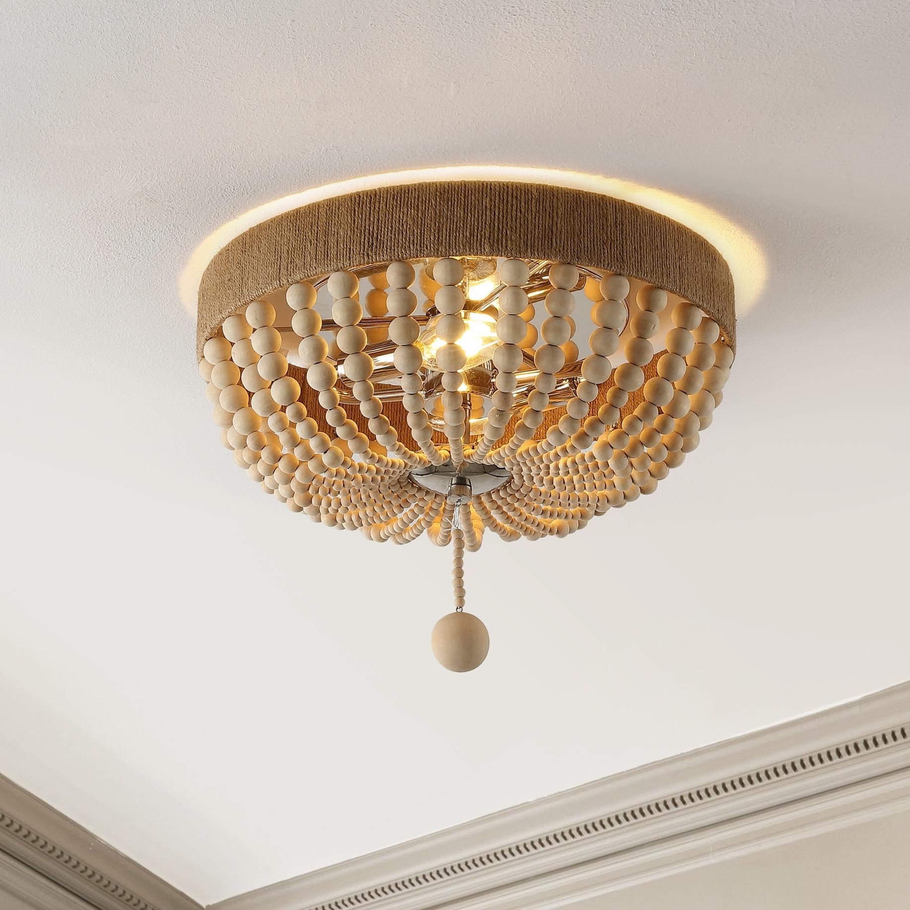 JONATHAN Y Justina Wood Bead 14" 2-Light Farmhouse Bohemian Iron LED Flush Mount, Light Taupe/Chrome, JYL1307A