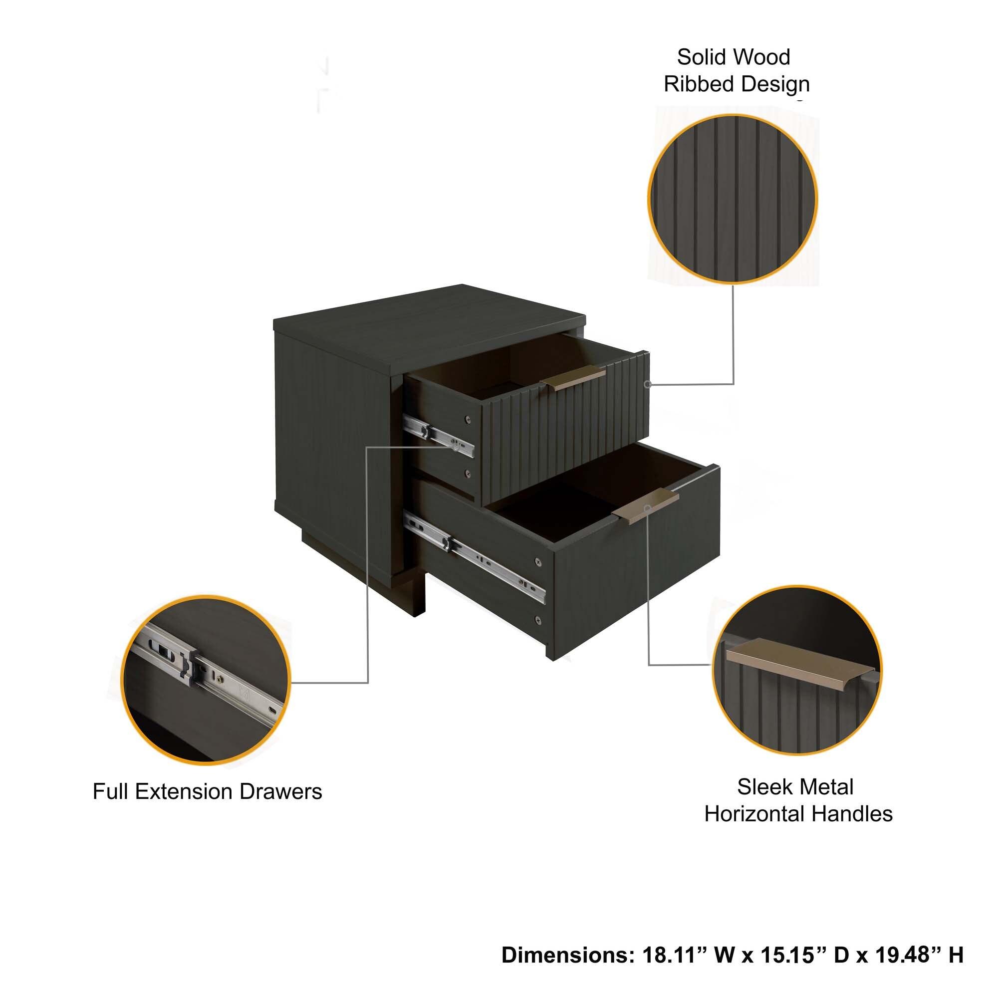 Manhattan Comfort Set of 2 Granville 2 Drawer Nightstands Dark Gray: Modern Design, Soft Close, Metal Handles