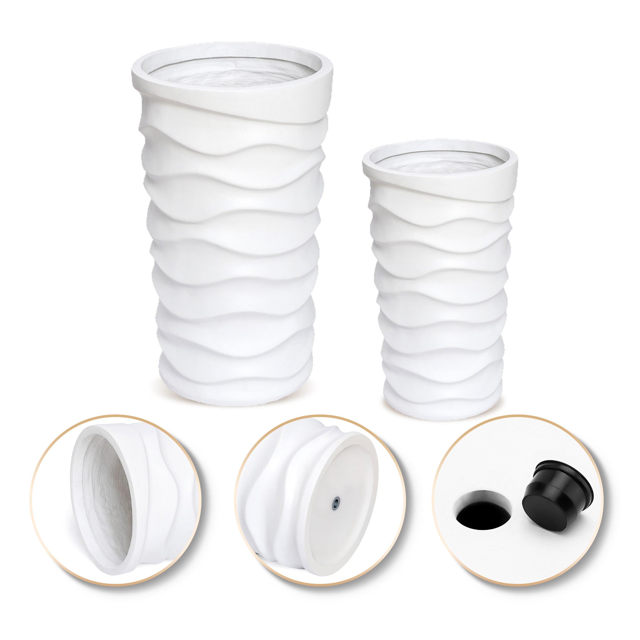 LuxenHome Set of 2 White Waves Tall Round MgO Planters
