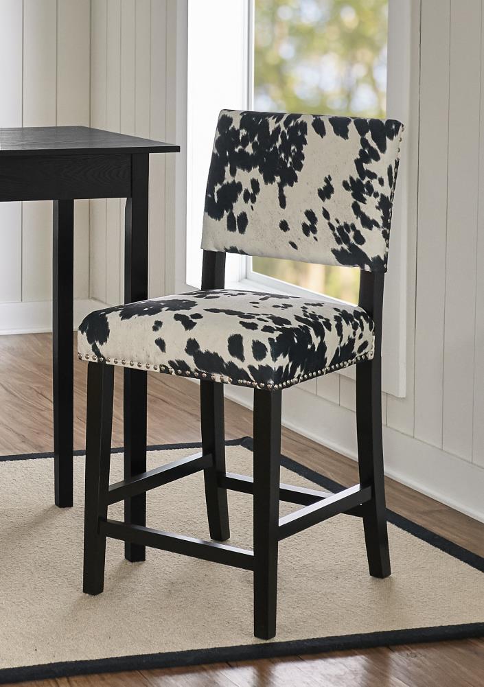 Linon Corey Black Cow Print Upholstery Counter Height Barstool Black/White: Farmhouse Style, Wood Frame, Footrest
