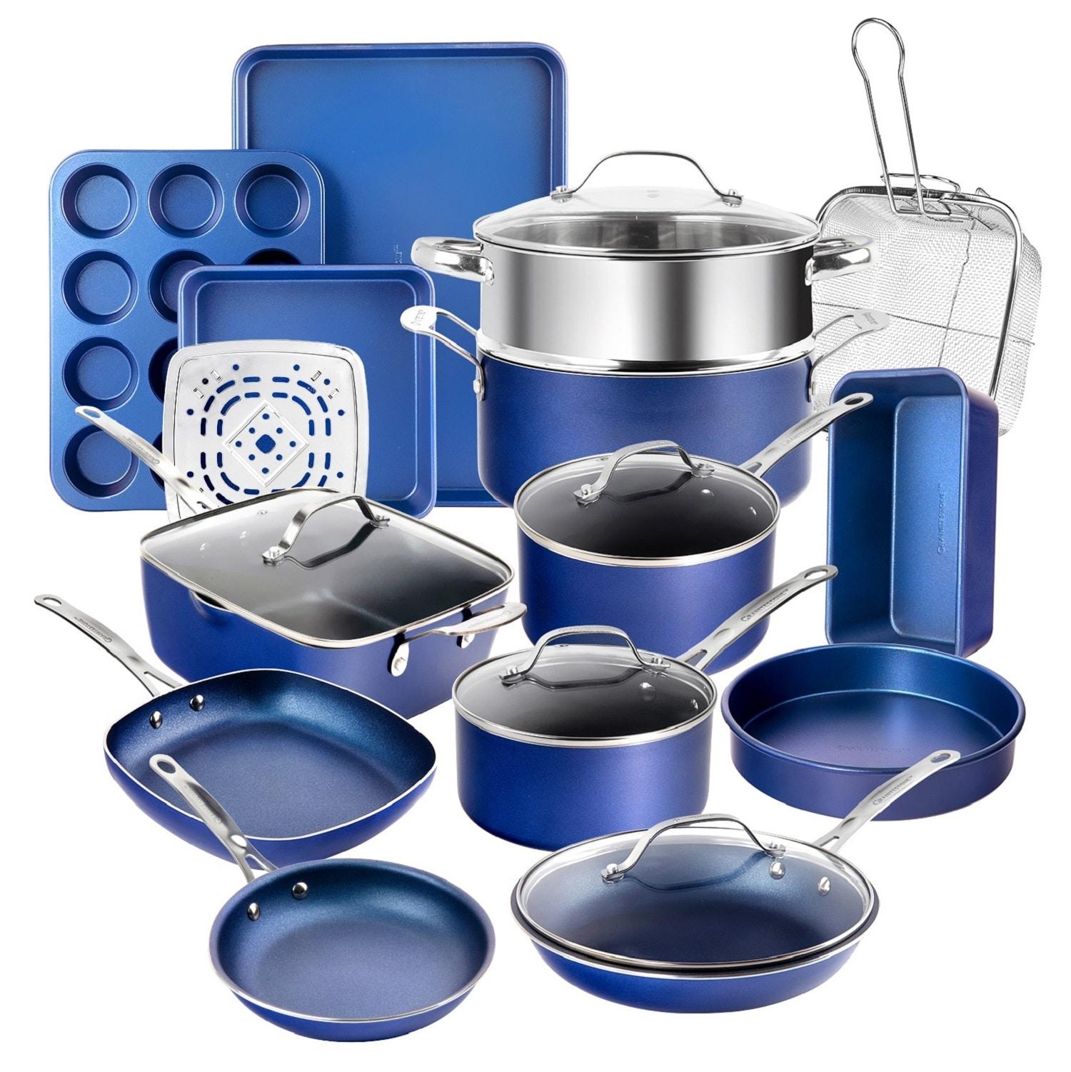 Granitestone Blue 20 Piece Aluminum Non Stick Cookware & Bakeware Set with Ultra Nonstick Surface, Oven & Dishwasher Safe