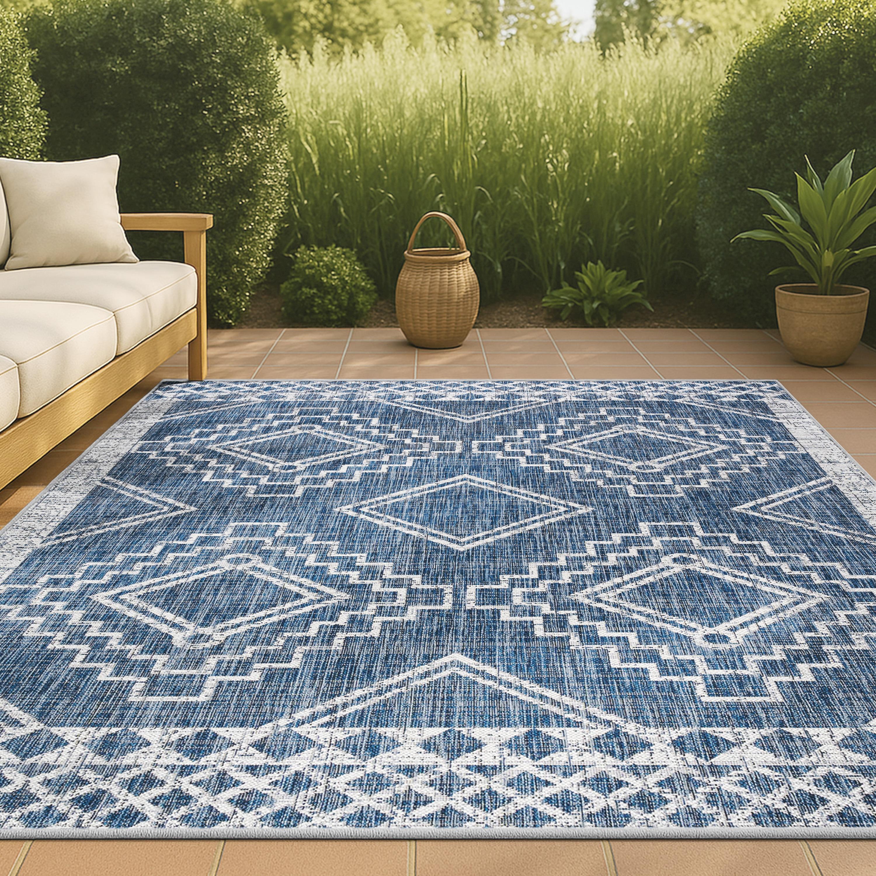 3'x5' Marokko Diamond  Medallion Indoor/Outdoor Area Rug, Blue/Ivory - JONATHAN Y