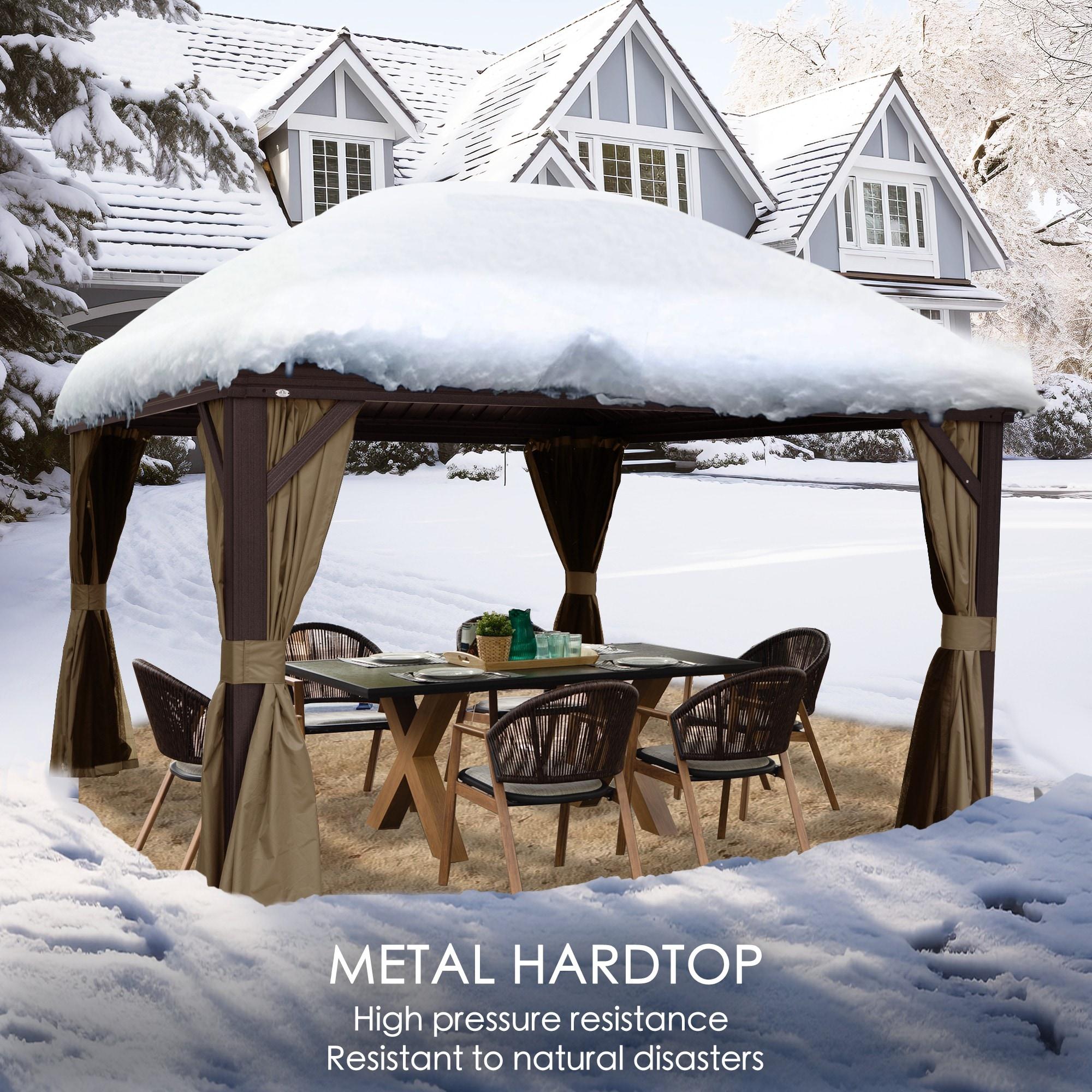 Arlmont & Co. Istref 10x12 Dark Brown Double Roof Hardtop Gazebo with Curtain and Mosquito Netting