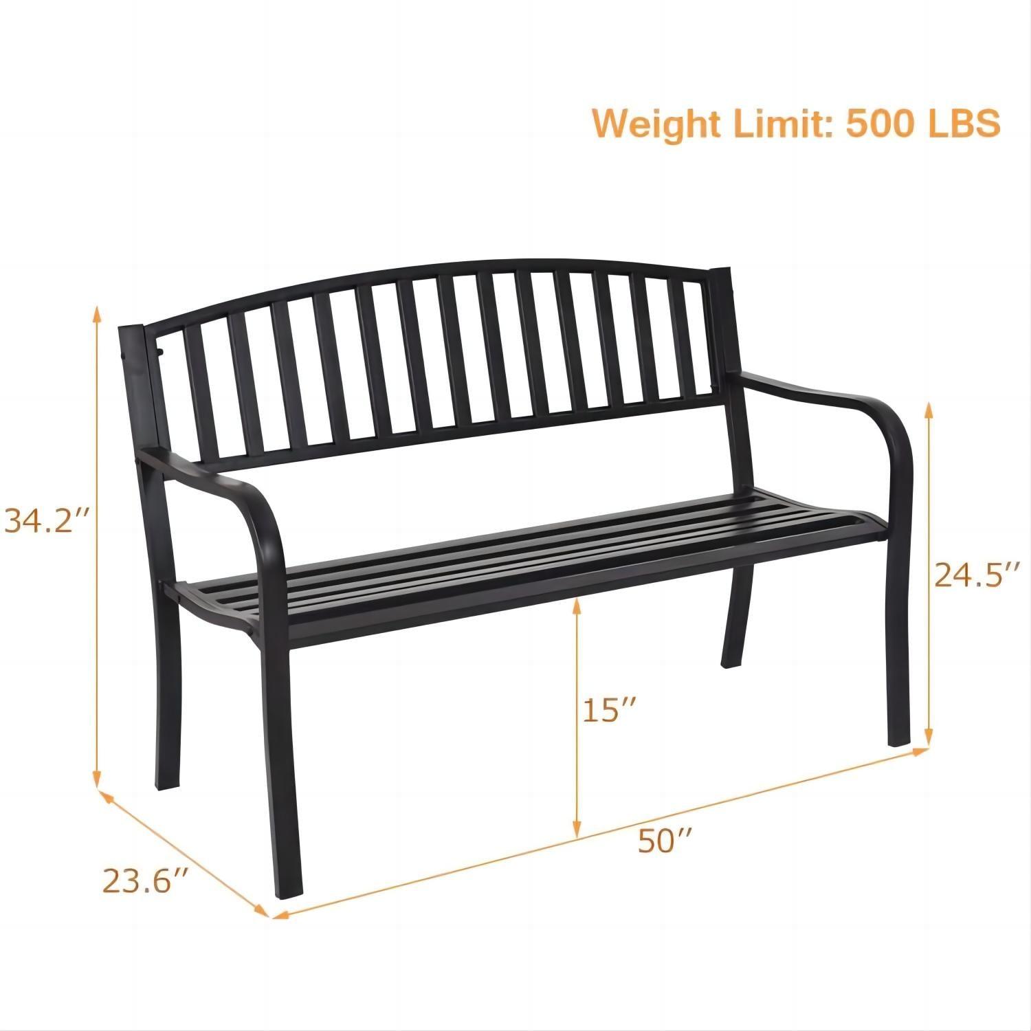 Steel Garden Park Bench Cast Iron Frame Patio Lawn Yard Decor, Black Seating Bench for Yard, Patio, Garden, Balcony, and Deck
