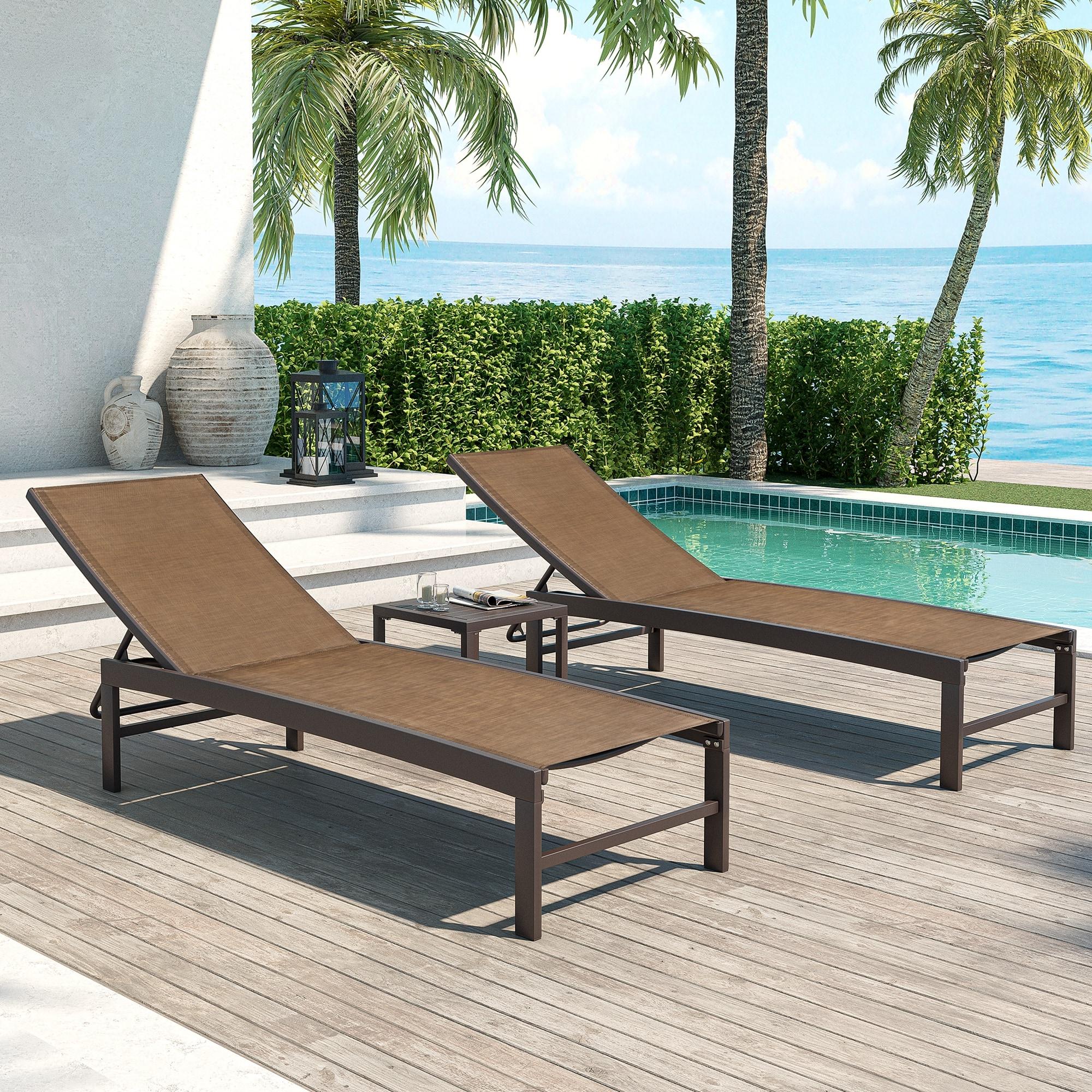3pc Outdoor Five Position Adjustable Curved Aluminum Lounge Set Brown - Crestlive Products: Weather-Resistant Patio Furniture Set with Side Table