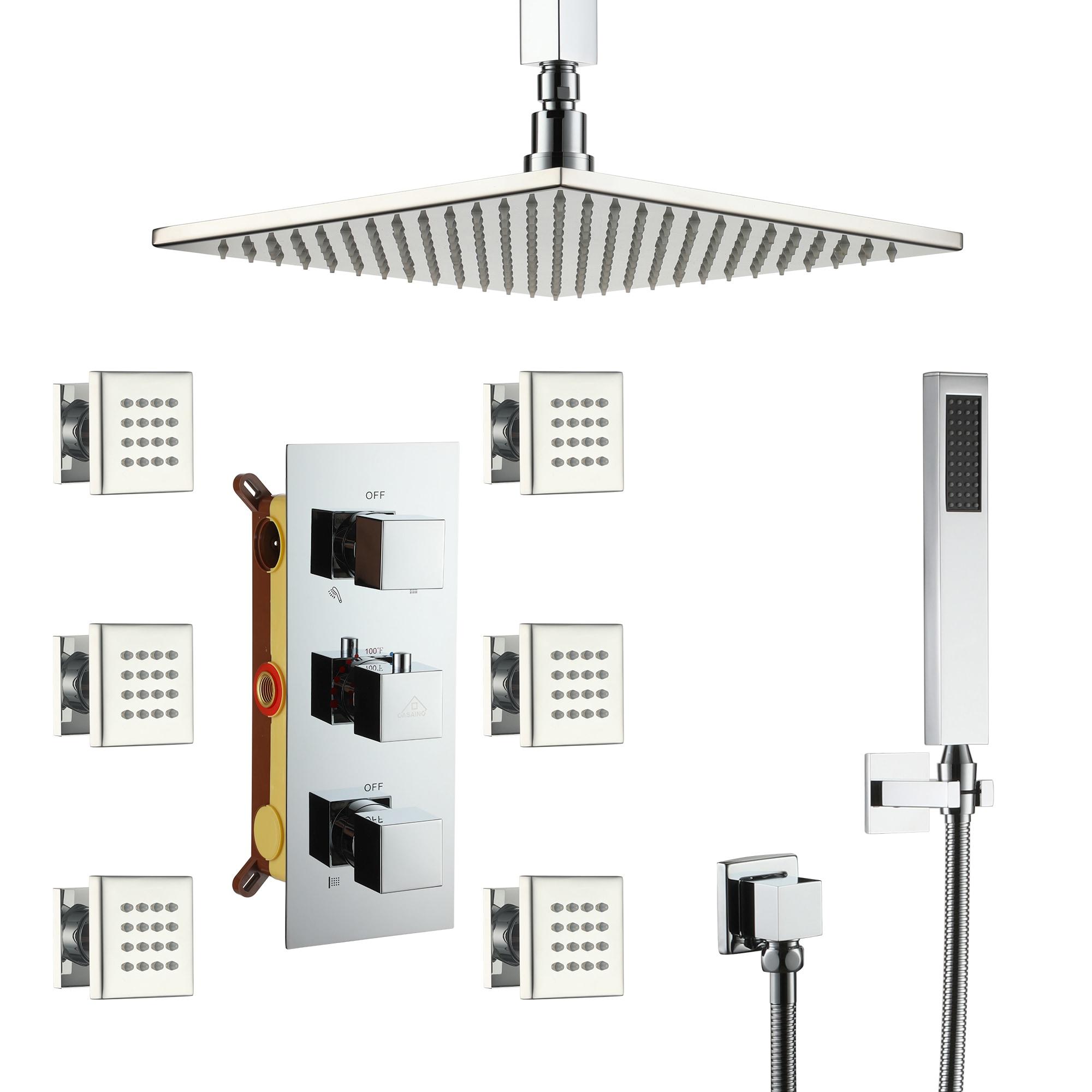 3-Function Luxury Ceiling Mount 12 Inch LED Thermostatic Shower System with 6 Body Jets