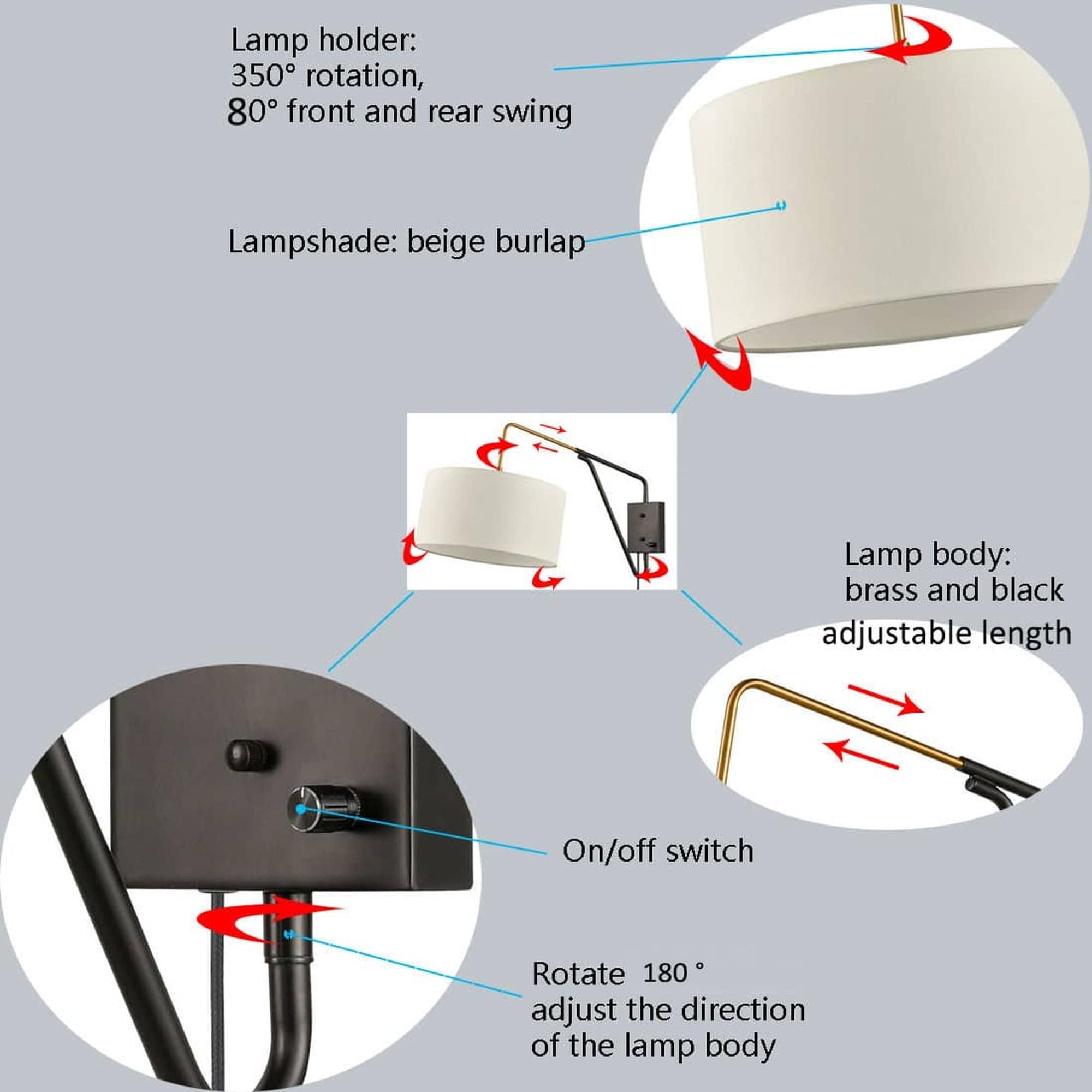 Claxy Black Plug in Wall Sconce Swing Arm Wall Lamp with Drum Fabric Shade