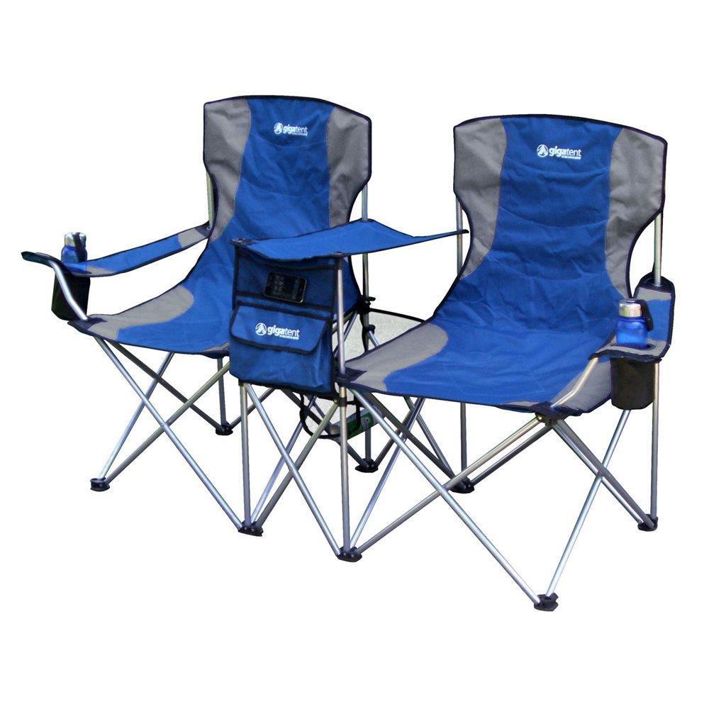 Blue and Gray Foldable Double Camping Chair with Cushions