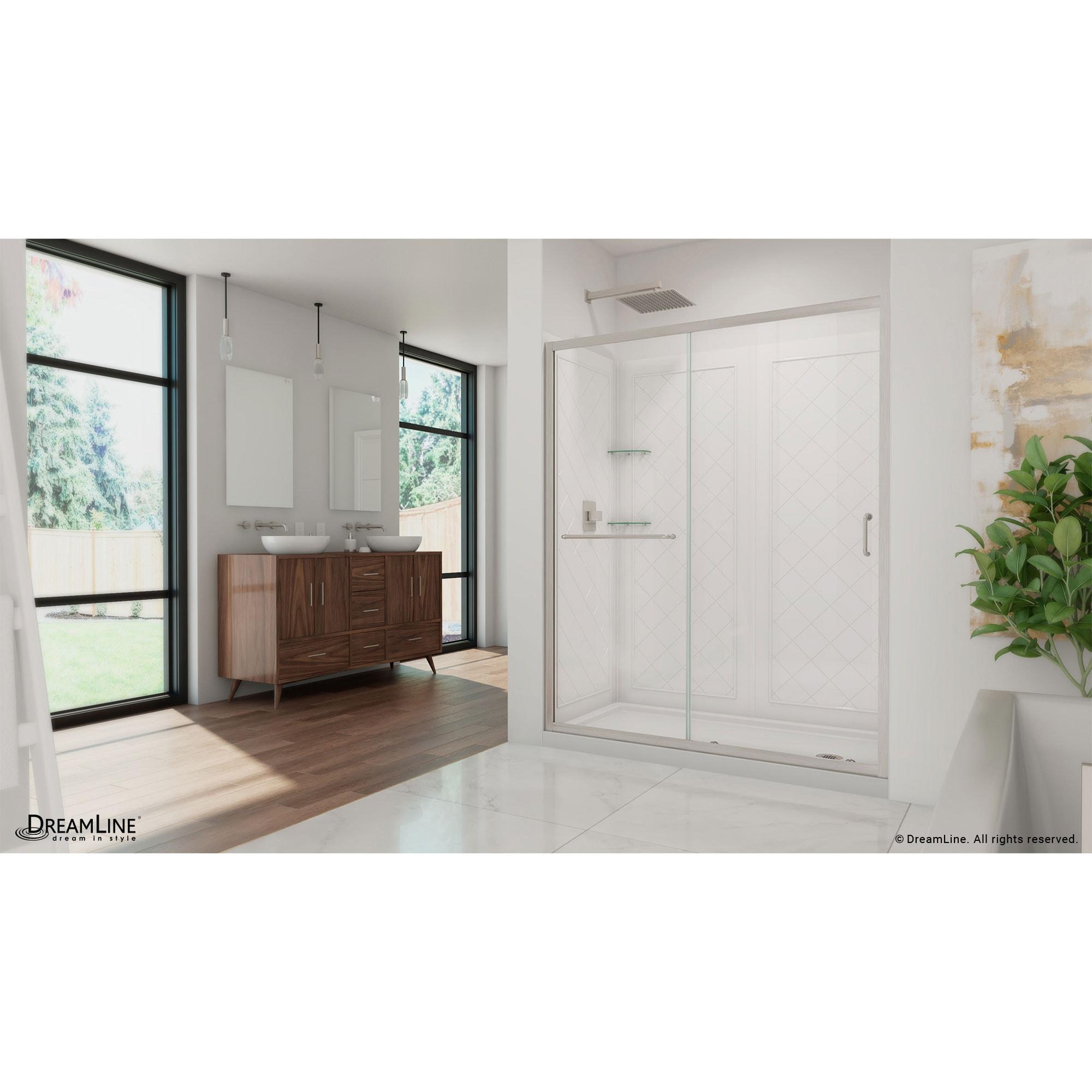 DreamLine Infinity-Z 32 in. D x 60 in. W x 76 3/4 in. H Clear Sliding Shower Door in Brushed Nickel, Right Drain Base, Backwalls