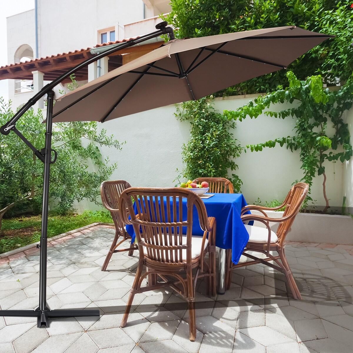 GVN 10 ft 360° Rotation Solar Powered LED Patio Offset Umbrella without Weight Base-Tan, Patio Offset Umbrella with Easy Tilt Adjustment, Cantilever Patio Umbrellas, Sunshade Umbrella Canopy