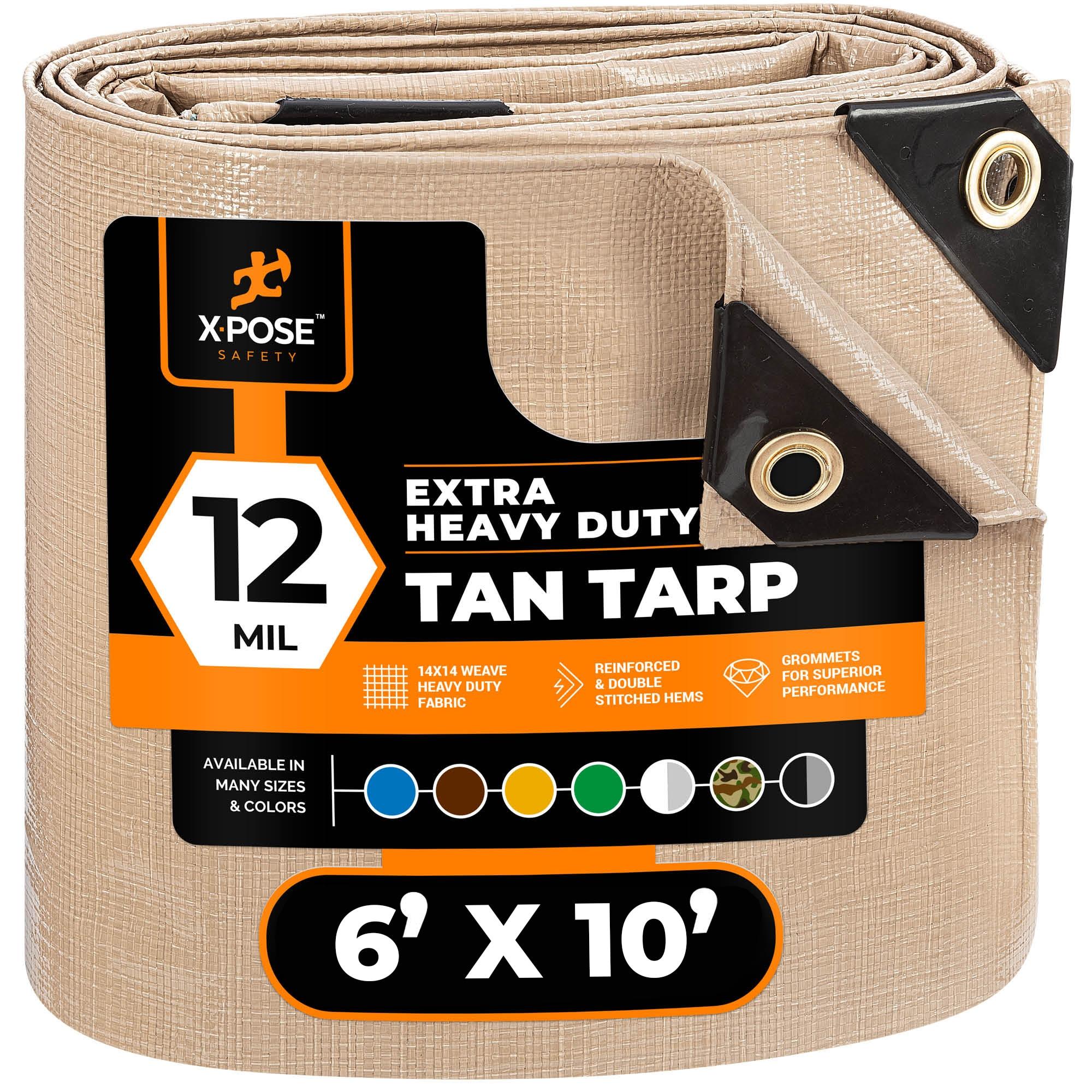 Heavy Duty Tan Poly Tarp 6' X 10' - Multipurpose Protective Cover - Durable, Waterproof, Weather Proof, Rip and Tear Resistant - Extra Thick 12 Mil Polyethylene - by Xpose Safety