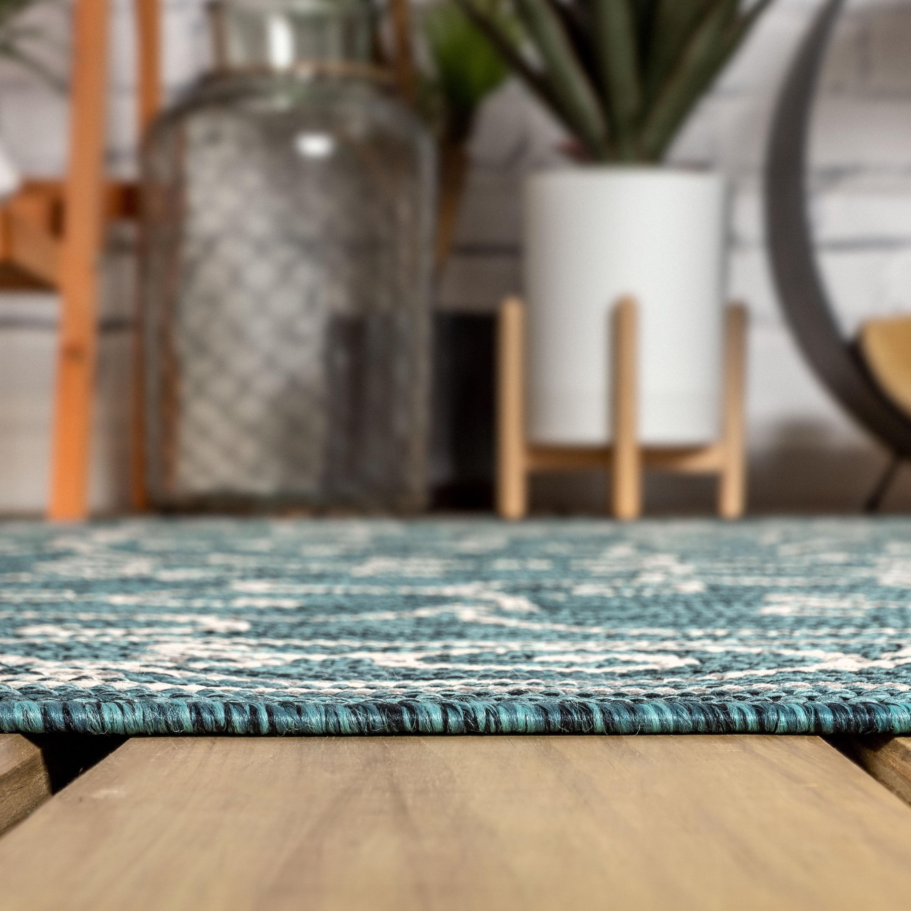 5' Square Charleston Vintage Filigree Textured Weave Indoor/Outdoor Area Rug, Teal/Gray - JONATHAN Y