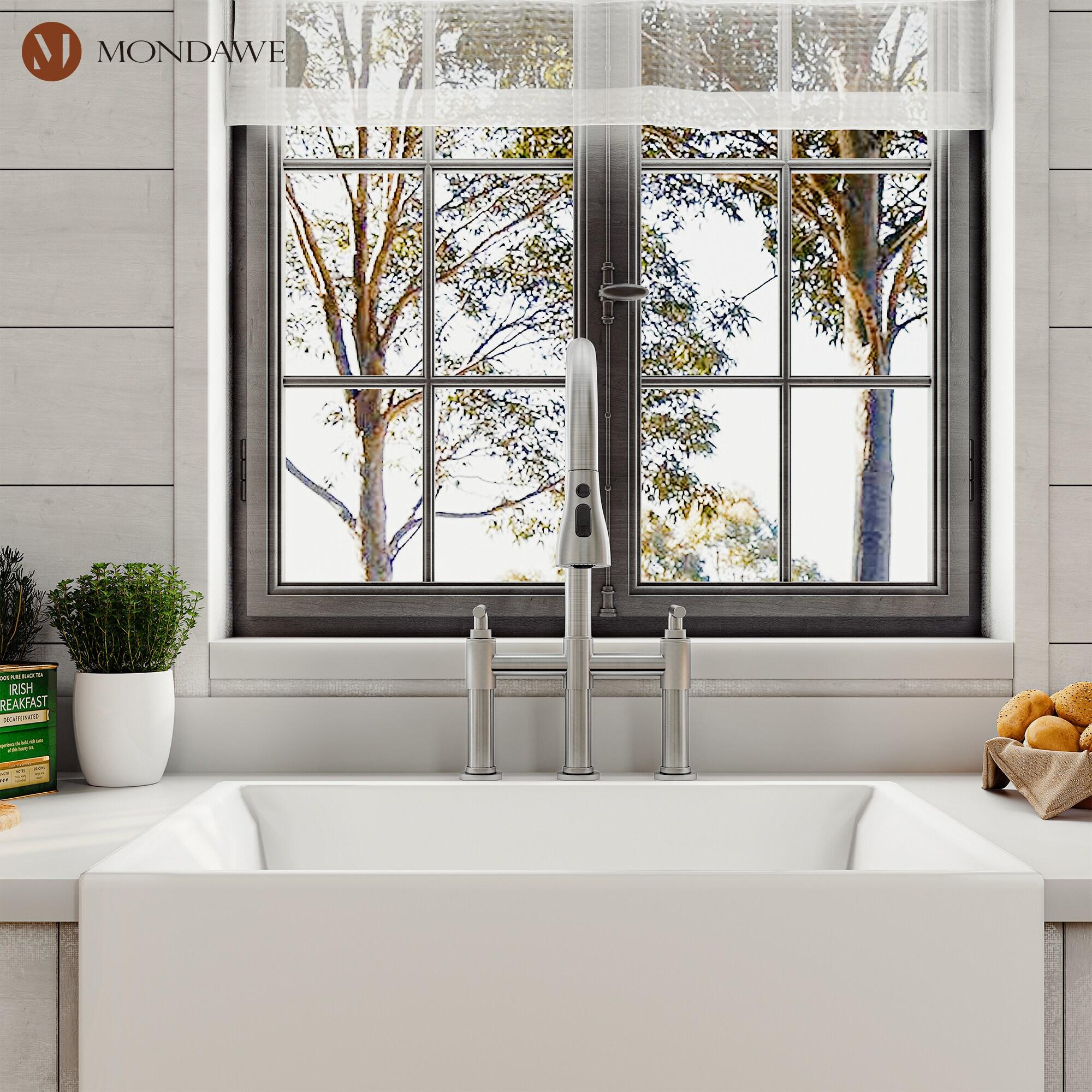Brushed Nickel Double Handle Bridge Kitchen Faucet with Pull-Out Spray