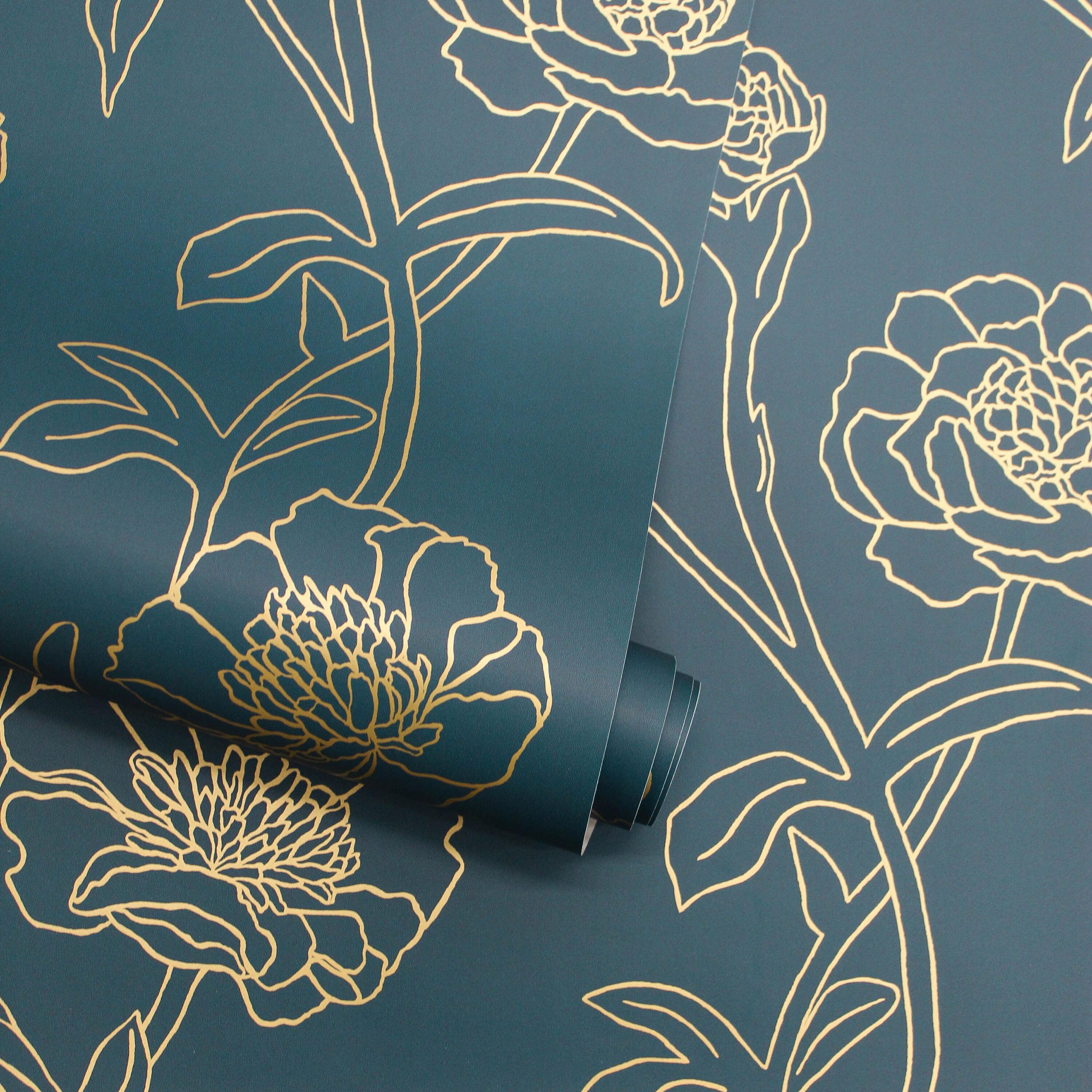 Tempaper & Co.® Peonies Removable Peel and Stick Wallpaper, Peacock Blue and Metallic Gold Floral, 28 sq. ft.: Vinyl Self-Adhesive