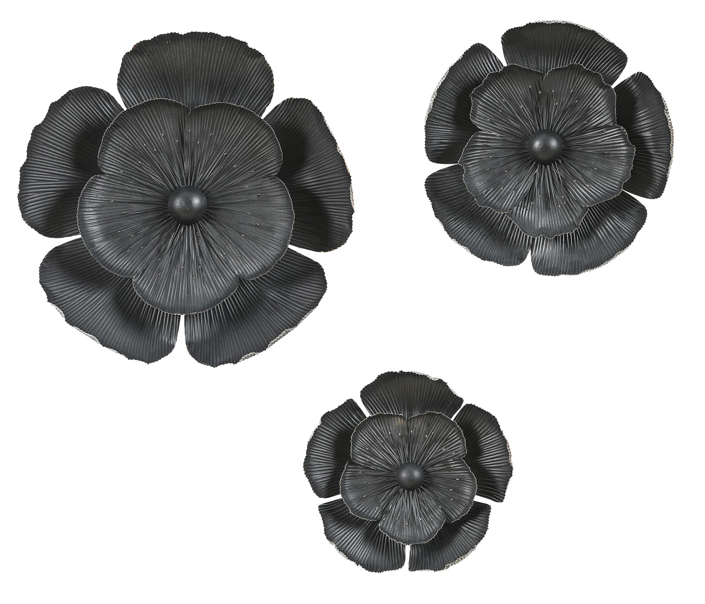 LuxenHome 3-Piece Black Metal Flowers Wall Decor