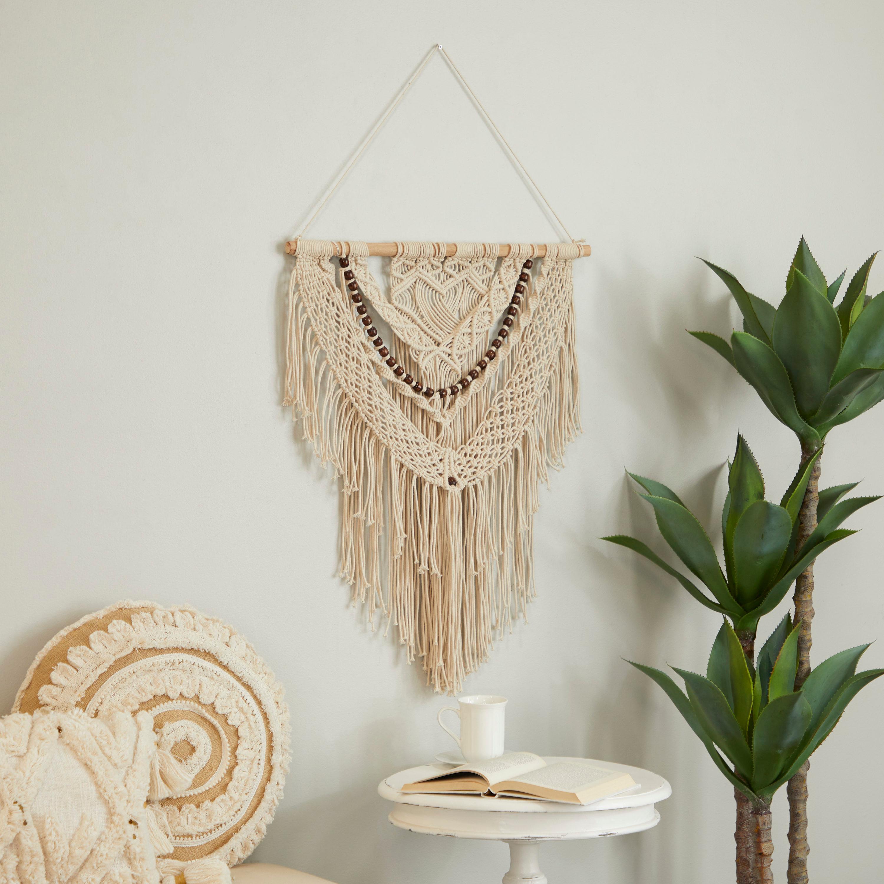 DecMode Cream Cotton Intricately Weaved Macrame Wall Decor with Beaded Fringe Tassels