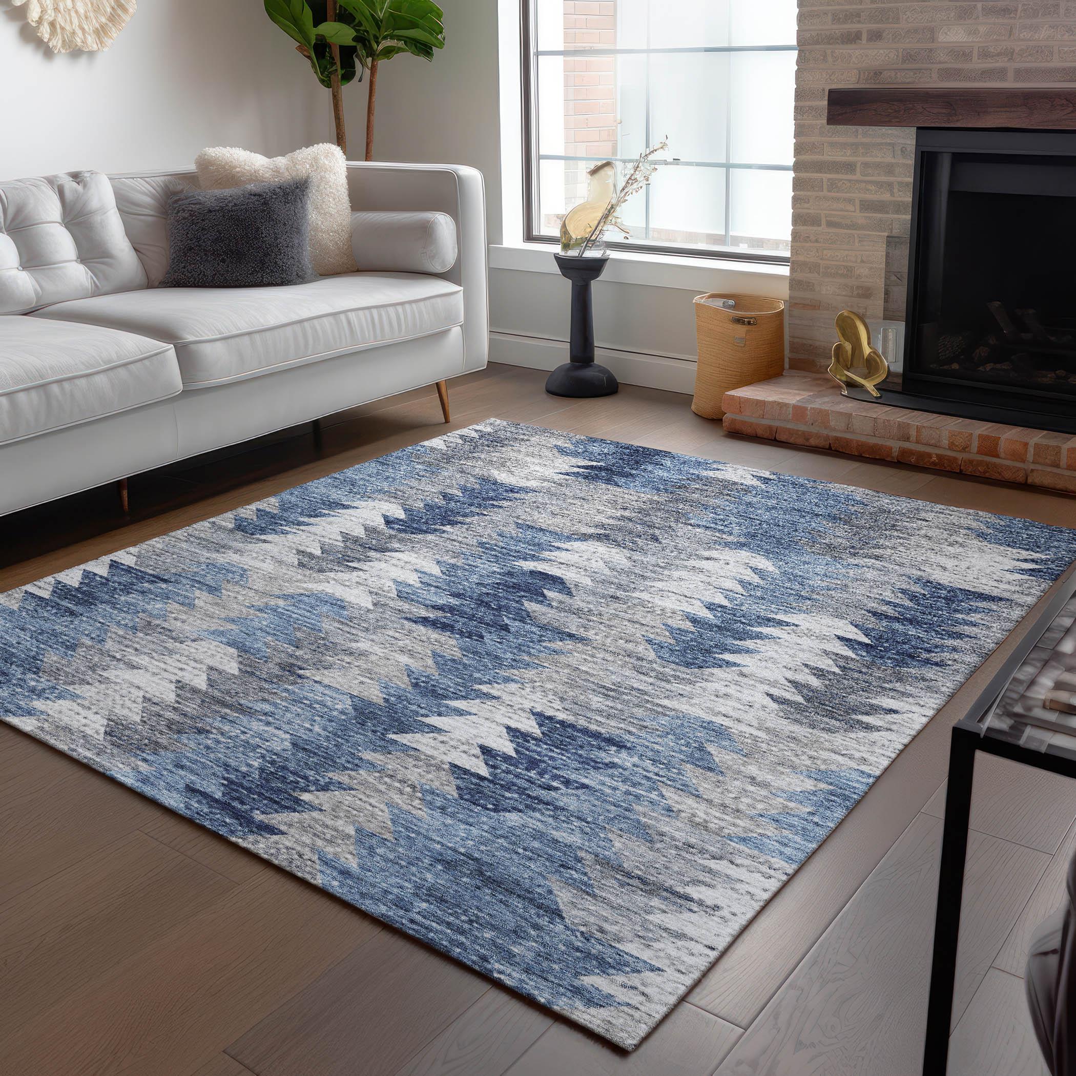 Blue and Gray Geometric Pattern Washable Rug