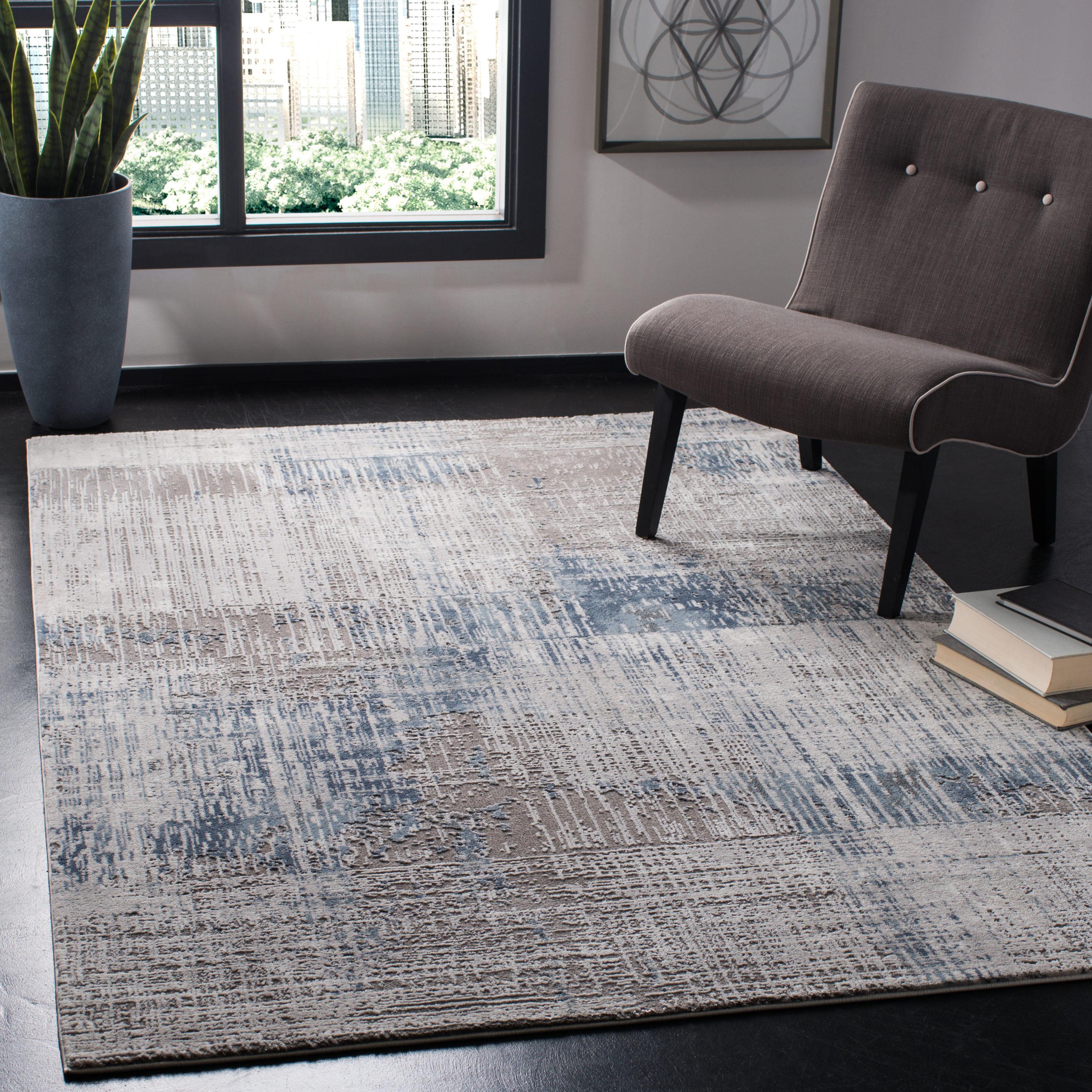 Modern Abstract Grey/Blue Synthetic Area Rug 6'7" x 9'